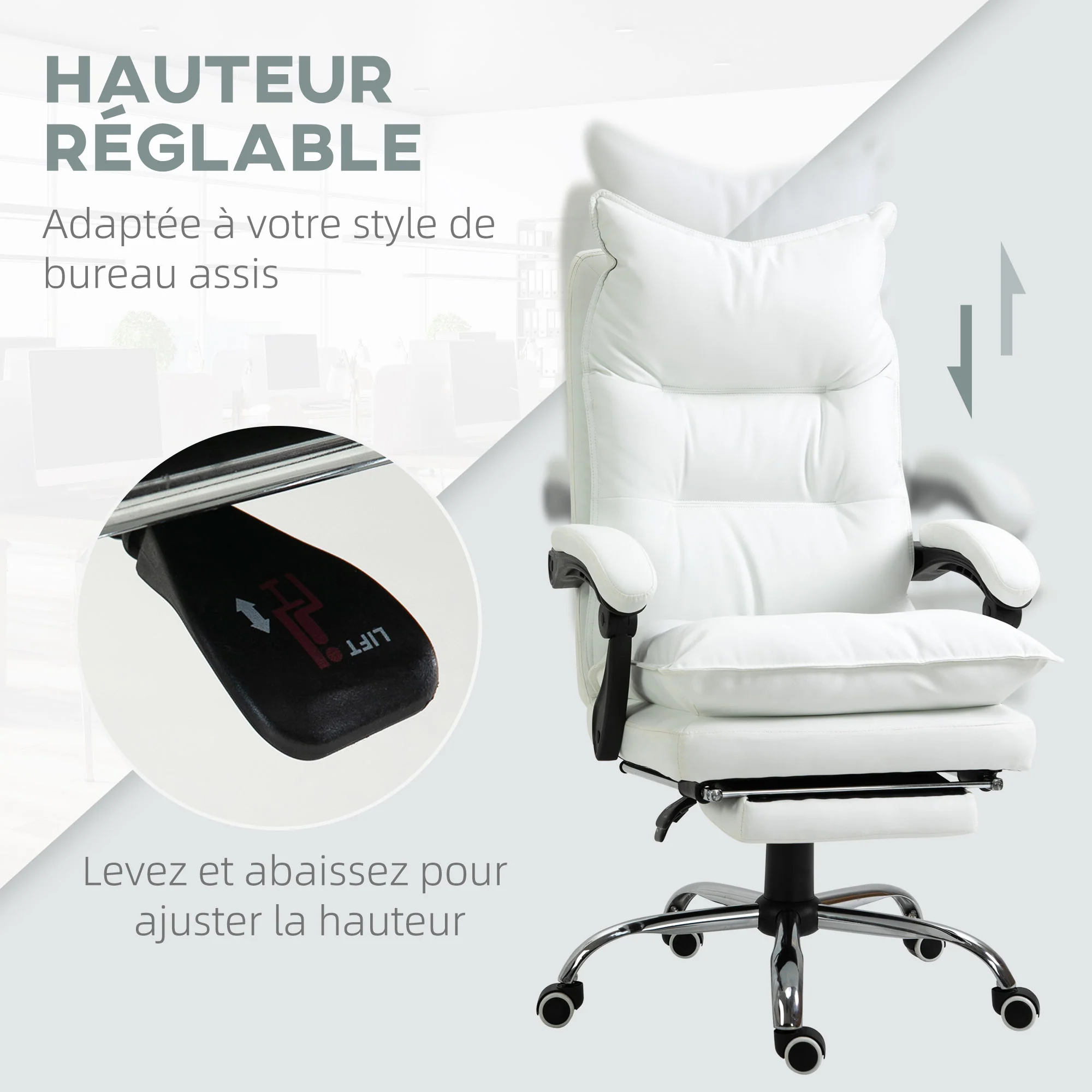 Fauteuil de bureau, chaise bureau ergonomique en similicuir avec large assise rembourrée, dossier inclinable, hauteur réglable, accoudoirs et repose-pied intégrés, charge 135 Kg, blanc - Image 5
