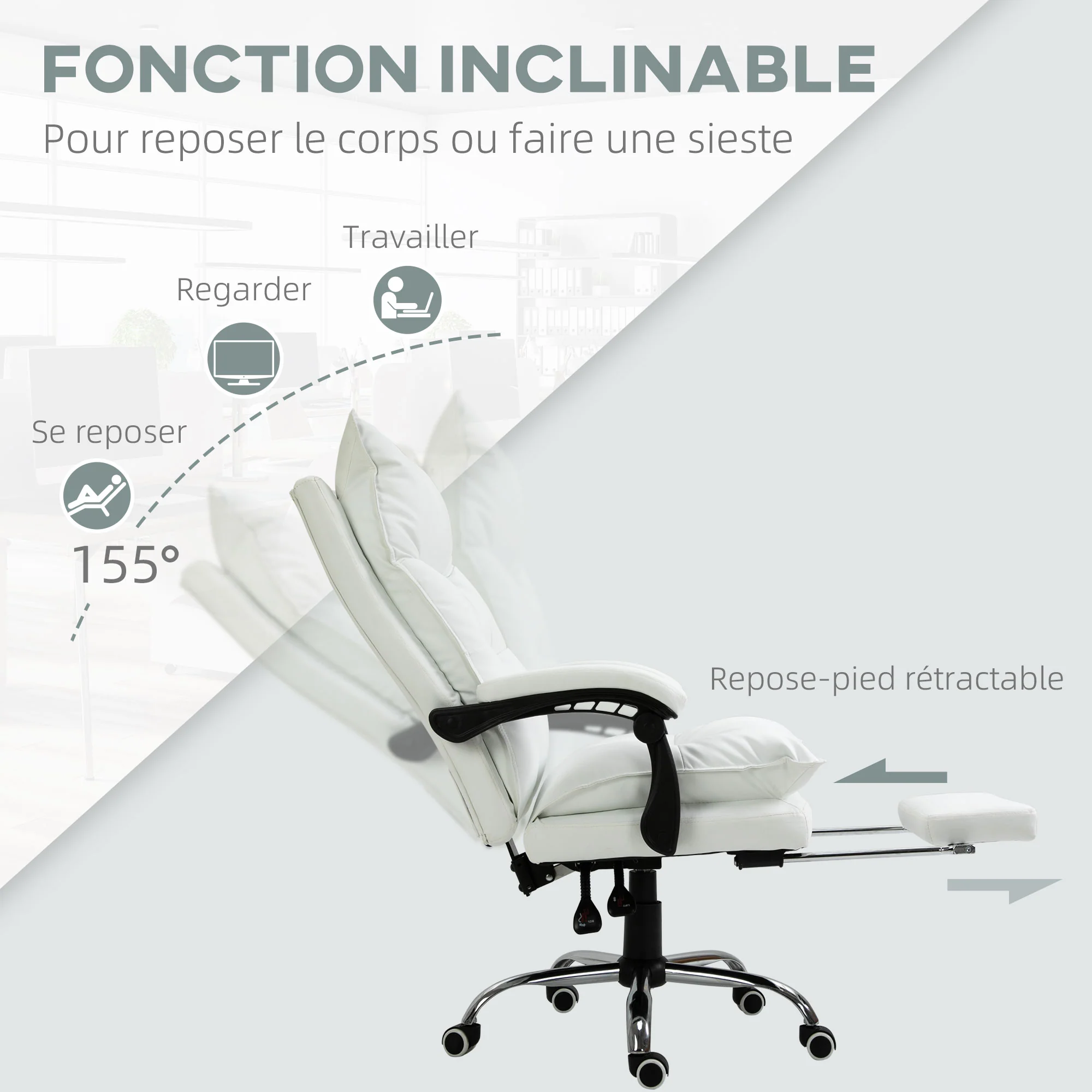 Fauteuil de bureau, chaise bureau ergonomique en similicuir avec large assise rembourrée, dossier inclinable, hauteur réglable, accoudoirs et repose-pied intégrés, charge 135 Kg, blanc - Image 6