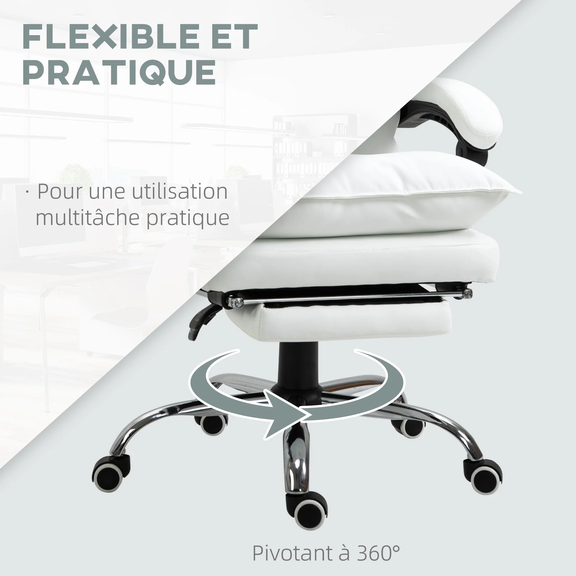 Fauteuil de bureau, chaise bureau ergonomique en similicuir avec large assise rembourrée, dossier inclinable, hauteur réglable, accoudoirs et repose-pied intégrés, charge 135 Kg, blanc - Image 7
