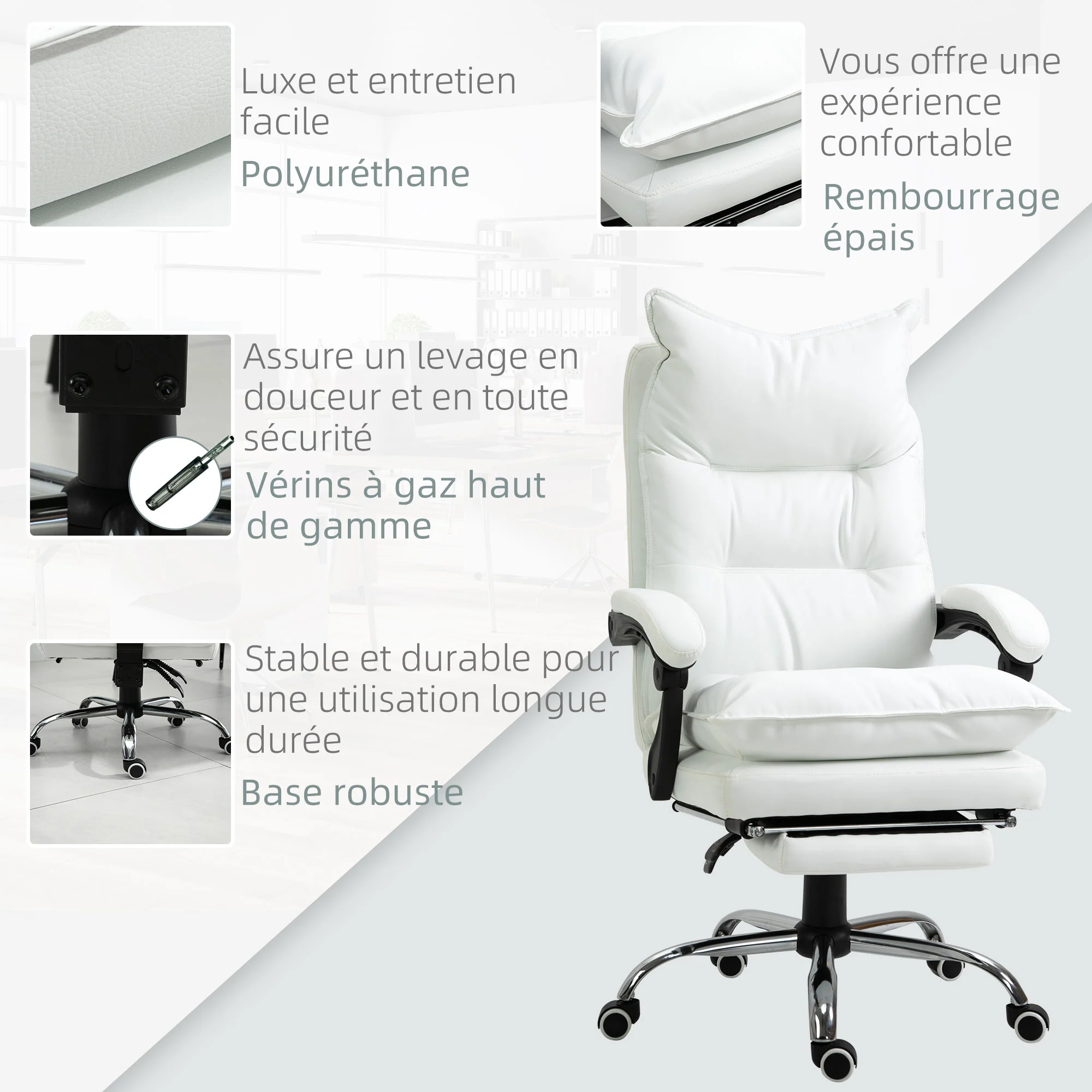 Fauteuil de bureau, chaise bureau ergonomique en similicuir avec large assise rembourrée, dossier inclinable, hauteur réglable, accoudoirs et repose-pied intégrés, charge 135 Kg, blanc - Image 8
