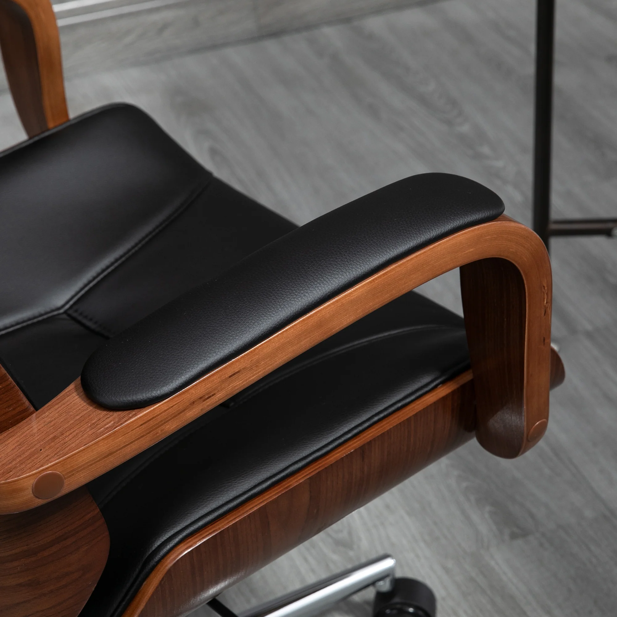Fauteuil de bureau, chaise de bureau ergonomique avec appui-tête amovible, hauteur réglable et fonction de bascule, pour chambre, télétravail, charge 120 Kg, cuir synthétique, noir et noyer - Image 10