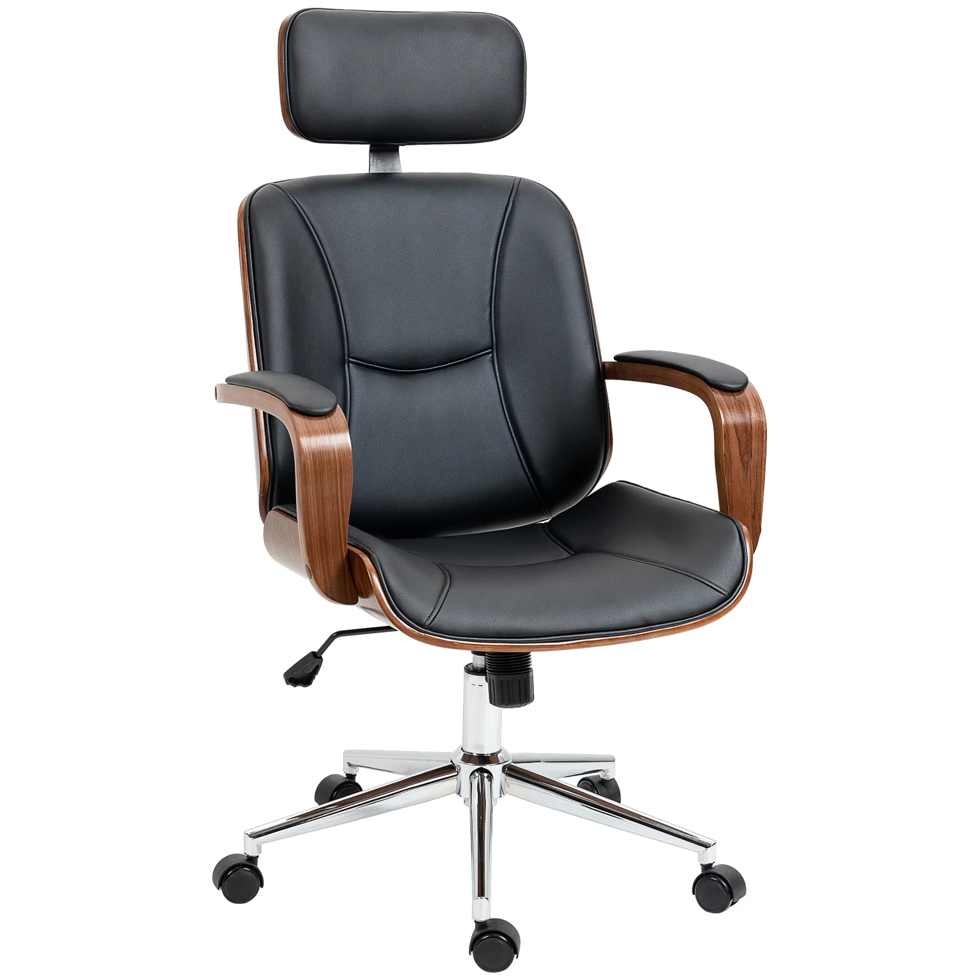 Fauteuil de bureau, chaise de bureau ergonomique avec appui-tête amovible, hauteur réglable et fonction de bascule, pour chambre, télétravail, charge 120 Kg, cuir synthétique, noir et noyer - Image 11