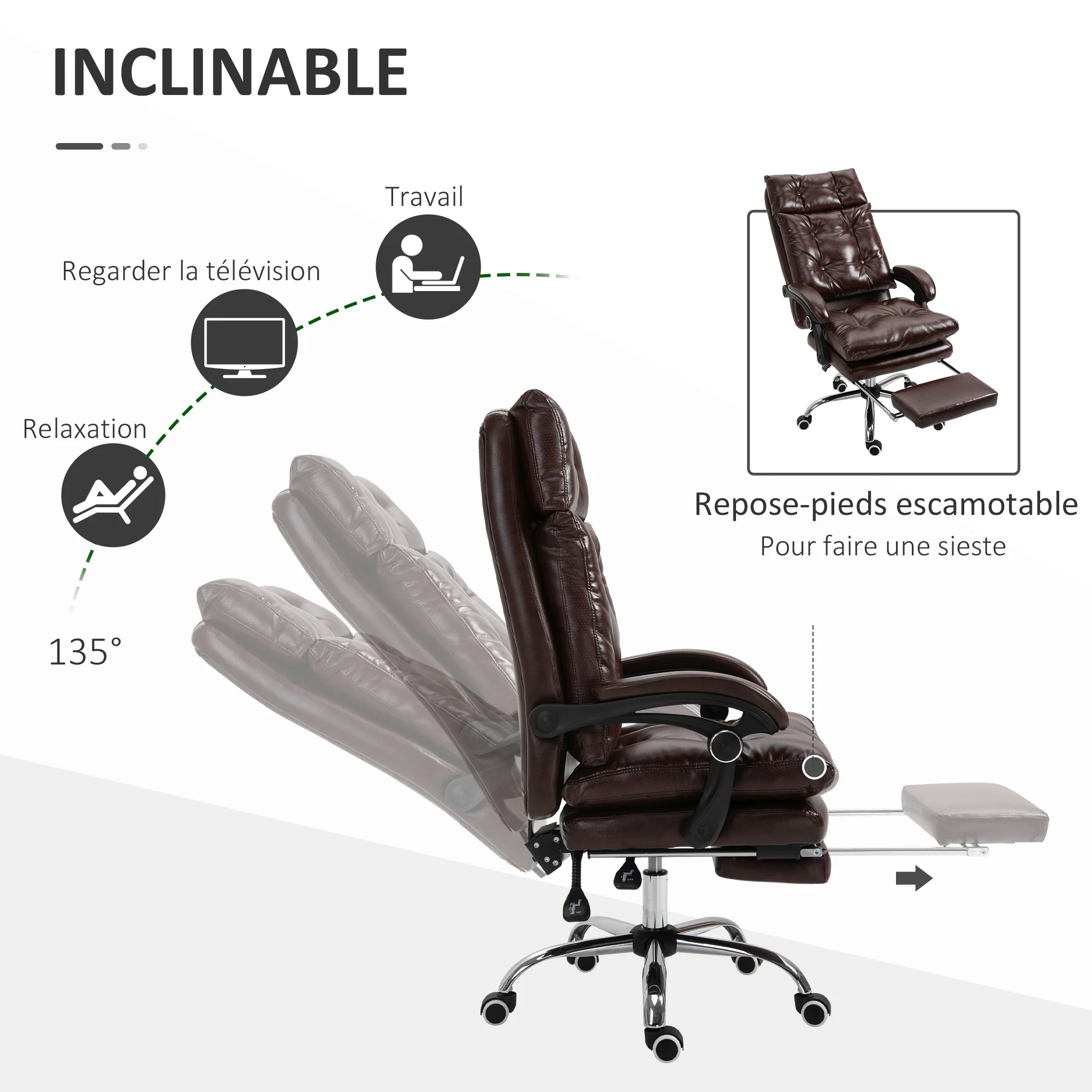 Fauteuil de bureau, chaise de bureau ergonomique avec hauteur réglable, dossier inclinable et repose-pied rétractable et pivotant à 360°, cuir synthétique, pour chambre, télétravail, marron - Image 6