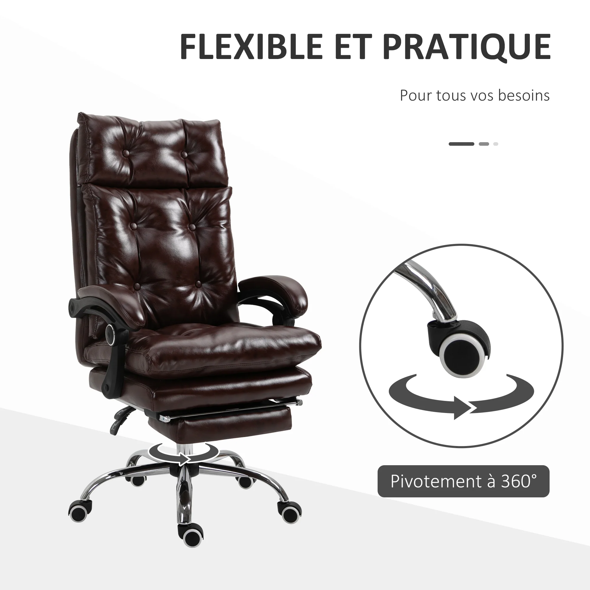 Fauteuil de bureau, chaise de bureau ergonomique avec hauteur réglable, dossier inclinable et repose-pied rétractable et pivotant à 360°, cuir synthétique, pour chambre, télétravail, marron - Image 7