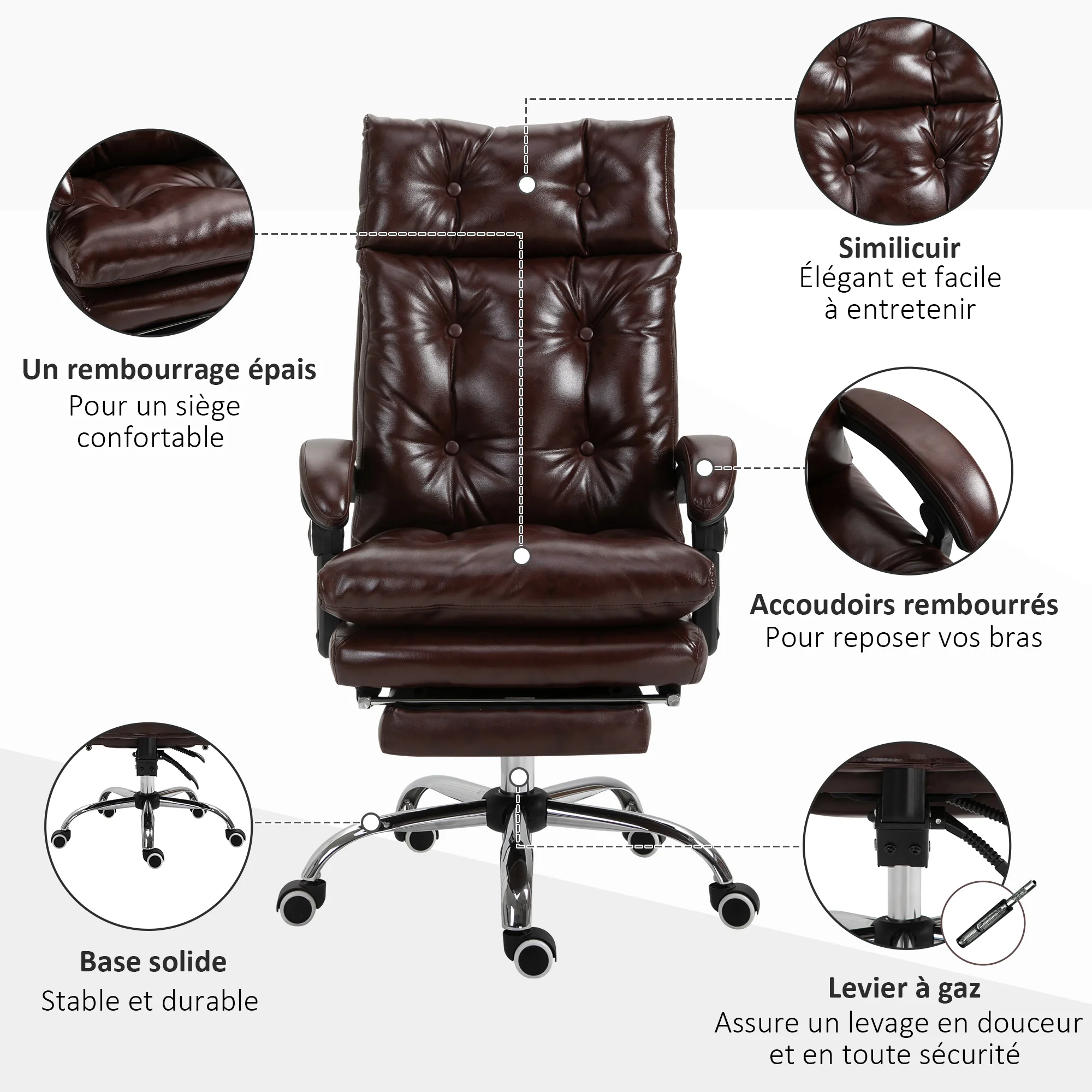 Fauteuil de bureau, chaise de bureau ergonomique avec hauteur réglable, dossier inclinable et repose-pied rétractable et pivotant à 360°, cuir synthétique, pour chambre, télétravail, marron - Image 8