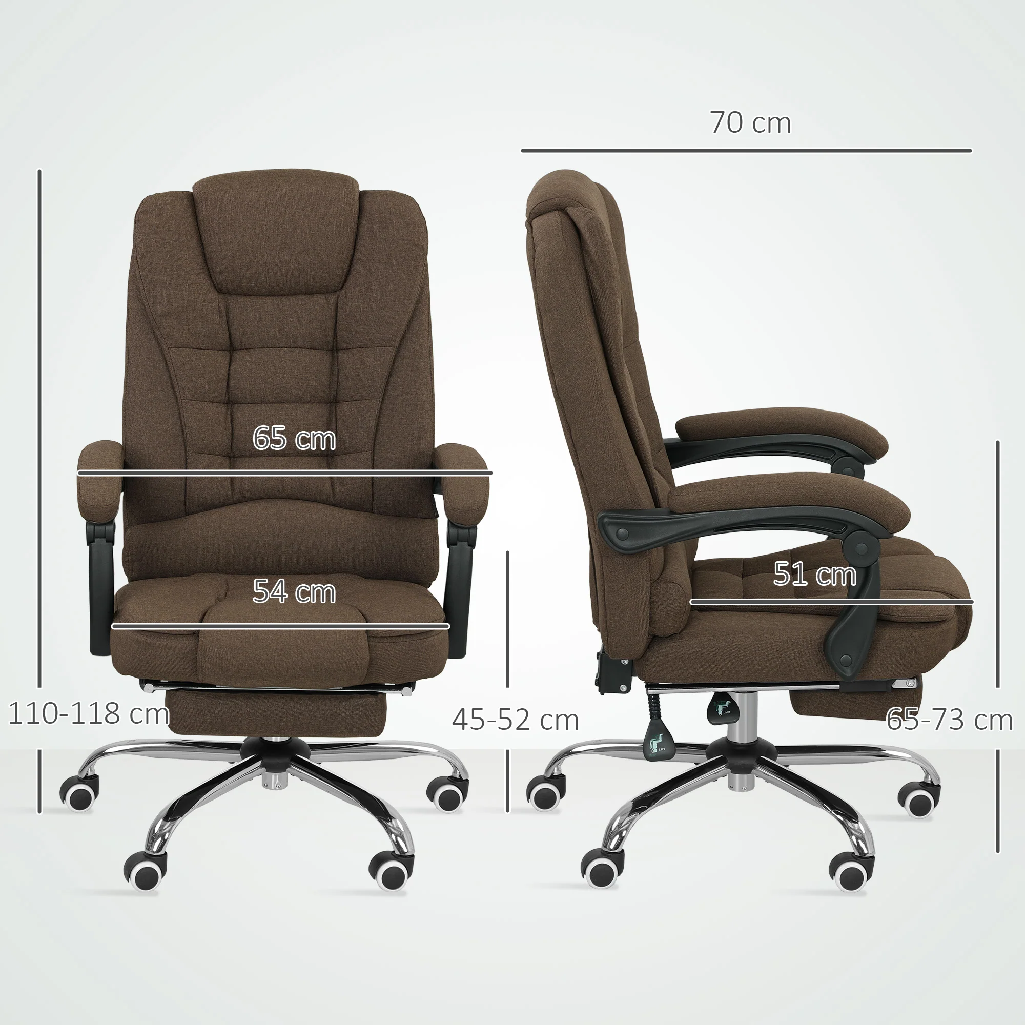 Fauteuil de bureau, chaise de bureau ergonomique avec hauteur réglable, dossier inclinable et repose-pied, tissu aspect lin, pour chambre, télétravail, charge 120 Kg, marron - Image 4