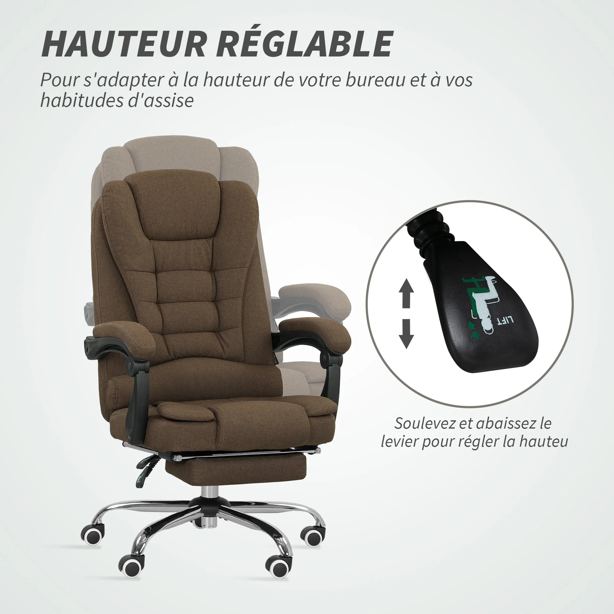 Fauteuil de bureau, chaise de bureau ergonomique avec hauteur réglable, dossier inclinable et repose-pied, tissu aspect lin, pour chambre, télétravail, charge 120 Kg, marron - Image 5