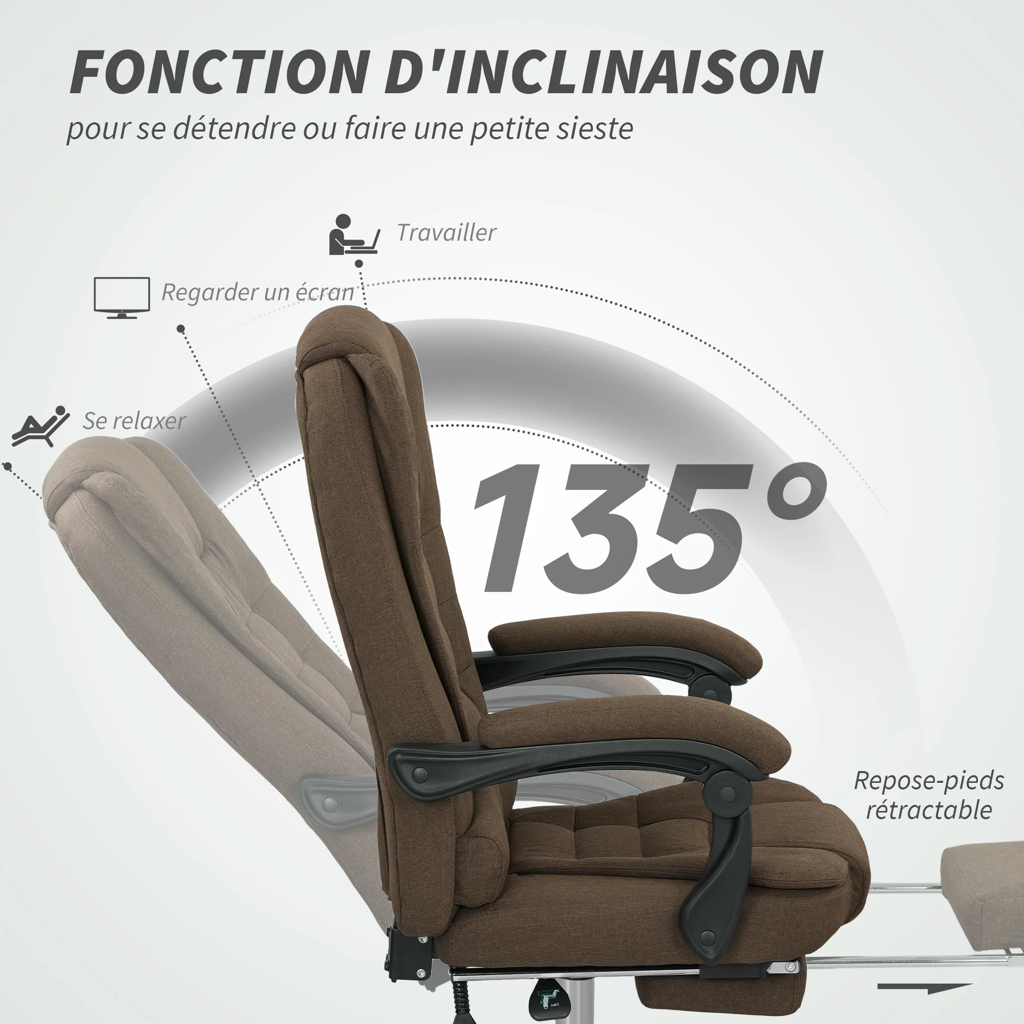 Fauteuil de bureau, chaise de bureau ergonomique avec hauteur réglable, dossier inclinable et repose-pied, tissu aspect lin, pour chambre, télétravail, charge 120 Kg, marron - Image 6