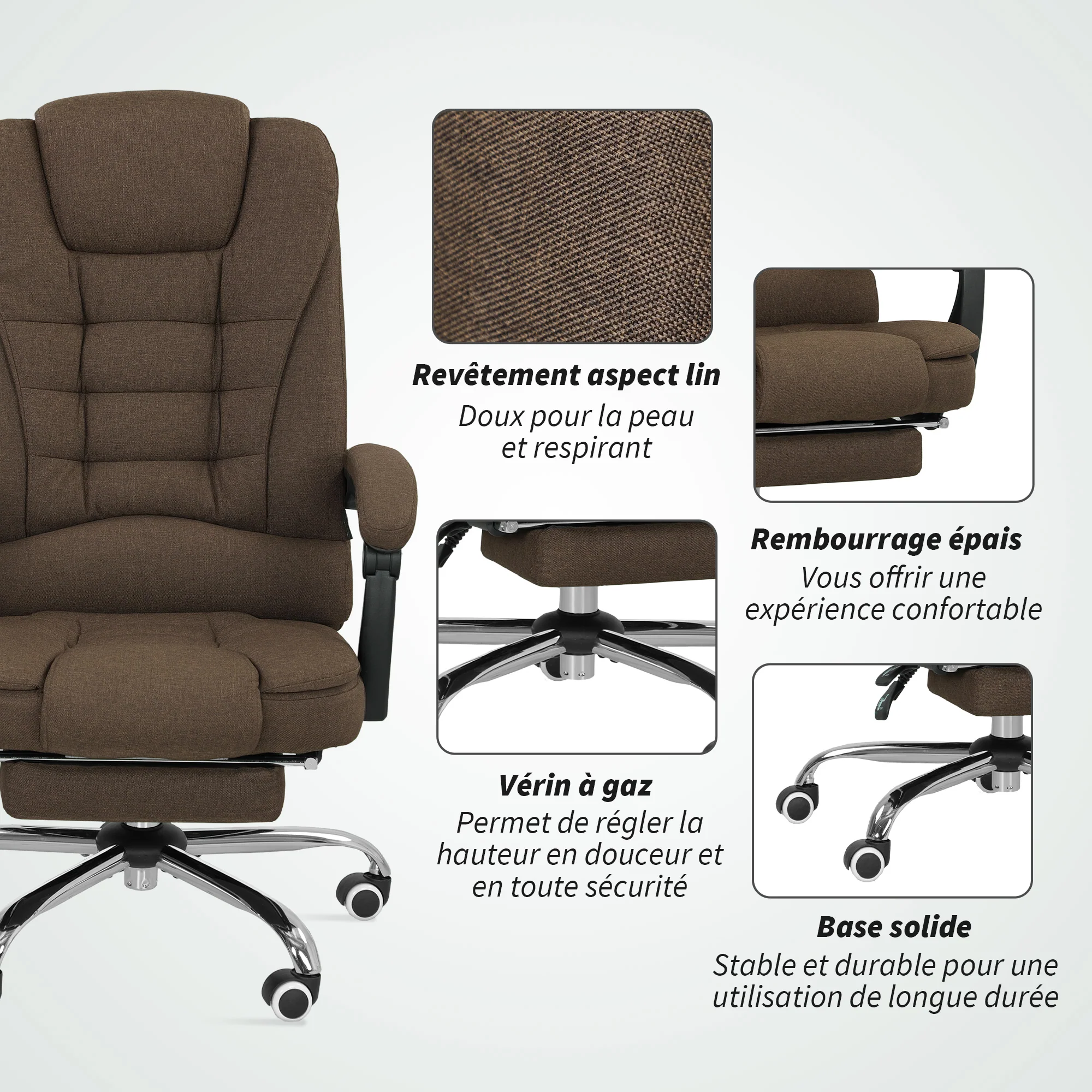 Fauteuil de bureau, chaise de bureau ergonomique avec hauteur réglable, dossier inclinable et repose-pied, tissu aspect lin, pour chambre, télétravail, charge 120 Kg, marron - Image 7