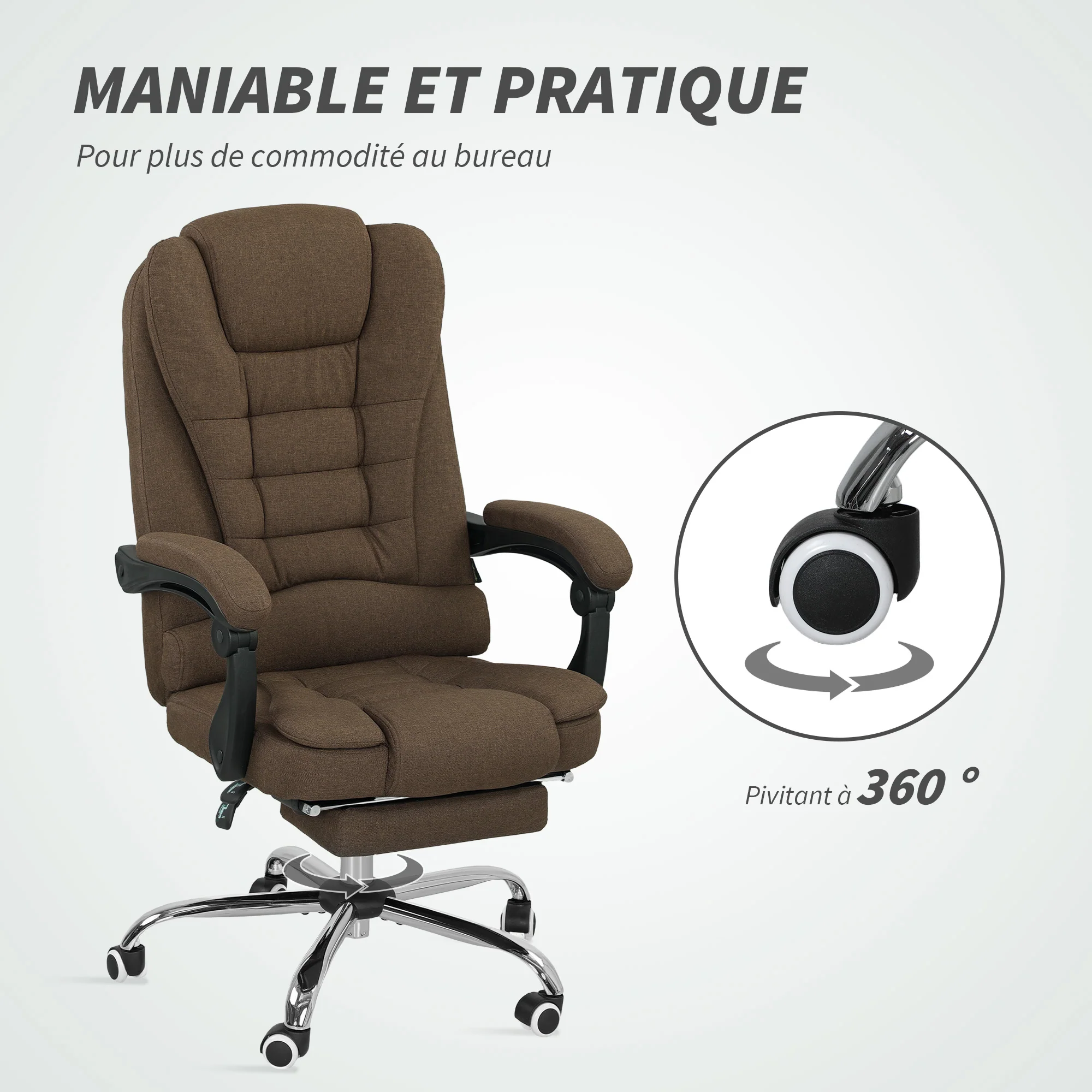 Fauteuil de bureau, chaise de bureau ergonomique avec hauteur réglable, dossier inclinable et repose-pied, tissu aspect lin, pour chambre, télétravail, charge 120 Kg, marron - Image 8