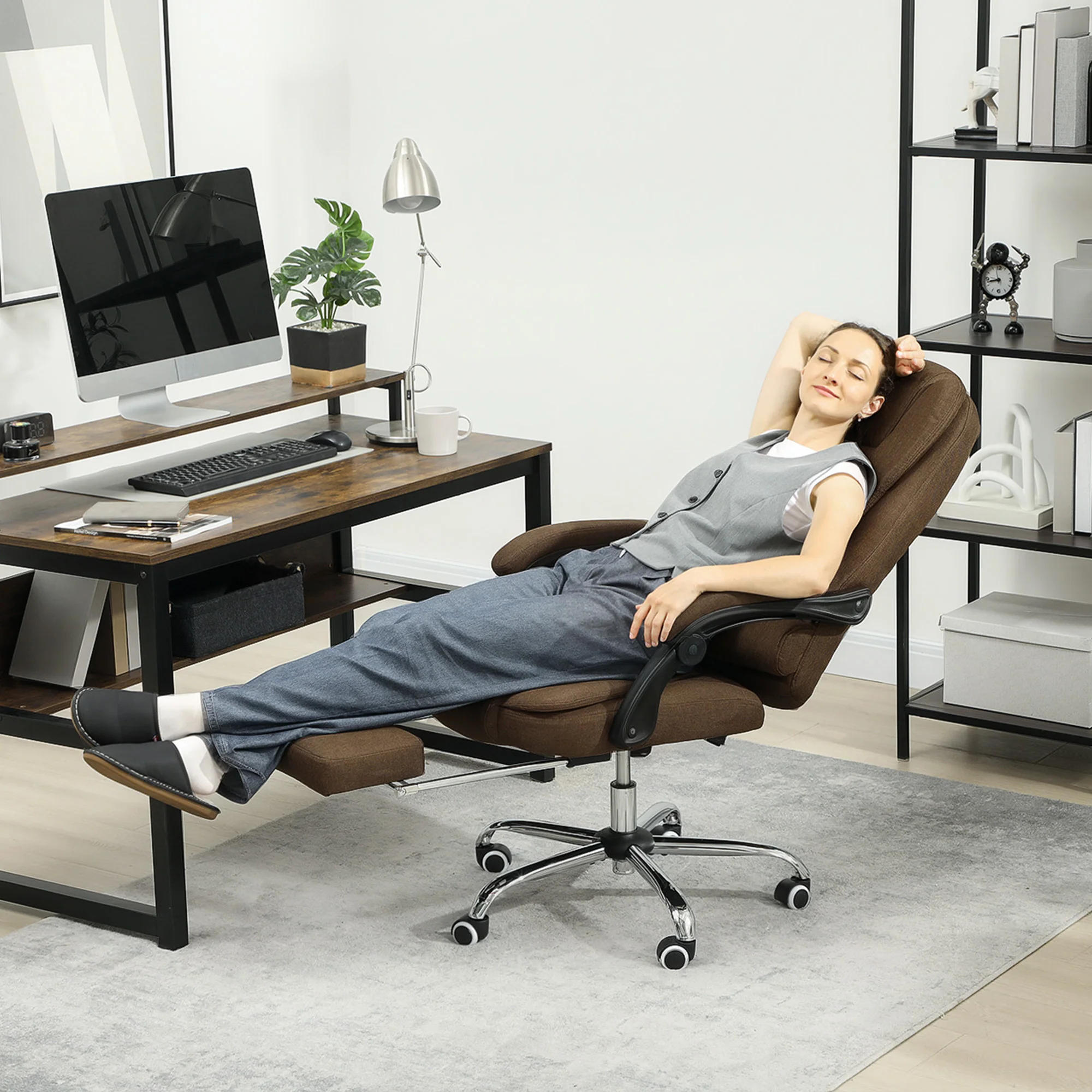 Fauteuil de bureau, chaise de bureau ergonomique avec hauteur réglable, dossier inclinable et repose-pied, tissu aspect lin, pour chambre, télétravail, charge 120 Kg, marron - Image 9