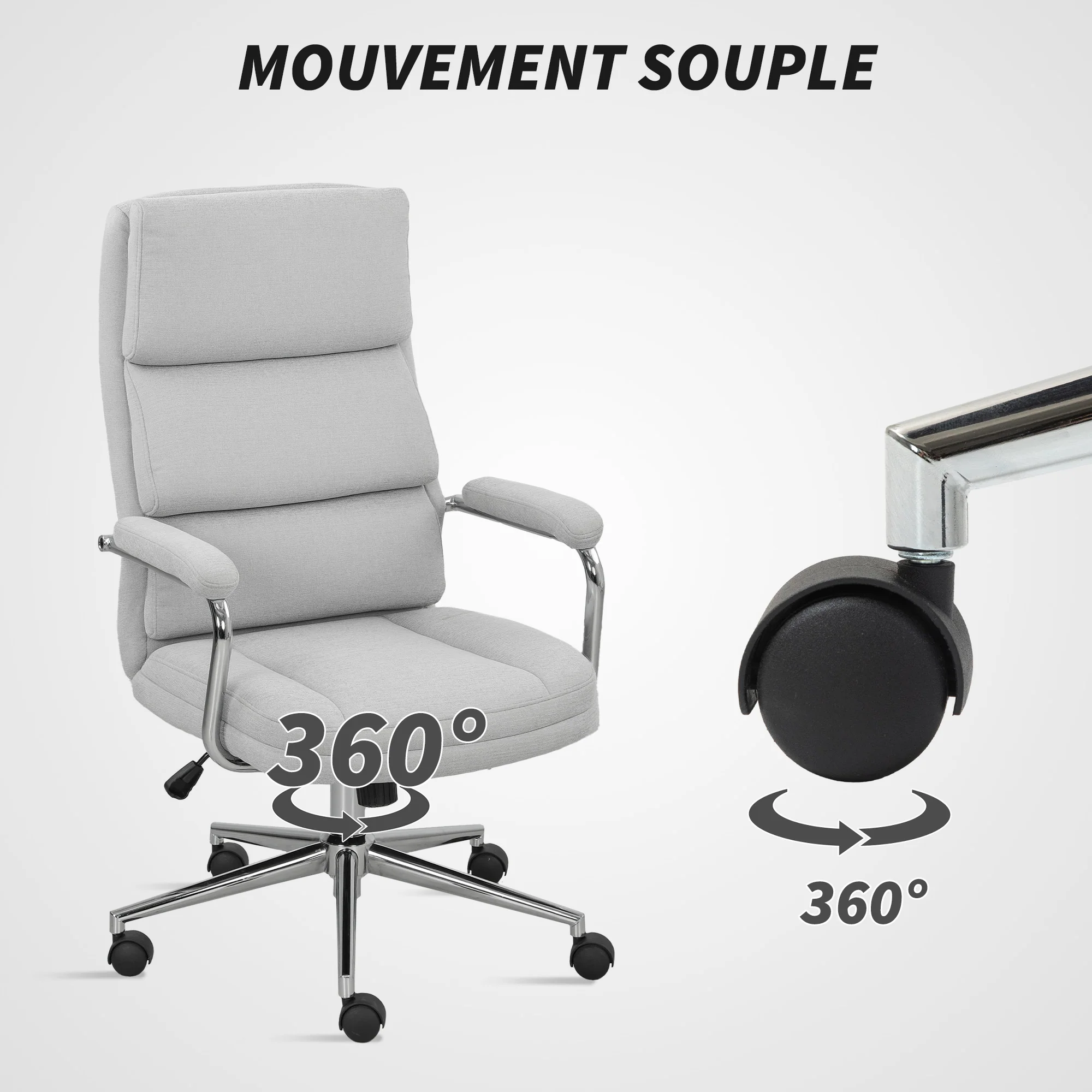 Fauteuil de bureau, chaise de bureau ergonomique avec hauteur réglable, fonction de bascule, tissu en lin, chaise d'ordinateur pour chambre, télétravail, charge 120 Kg, gris clair - Image 10