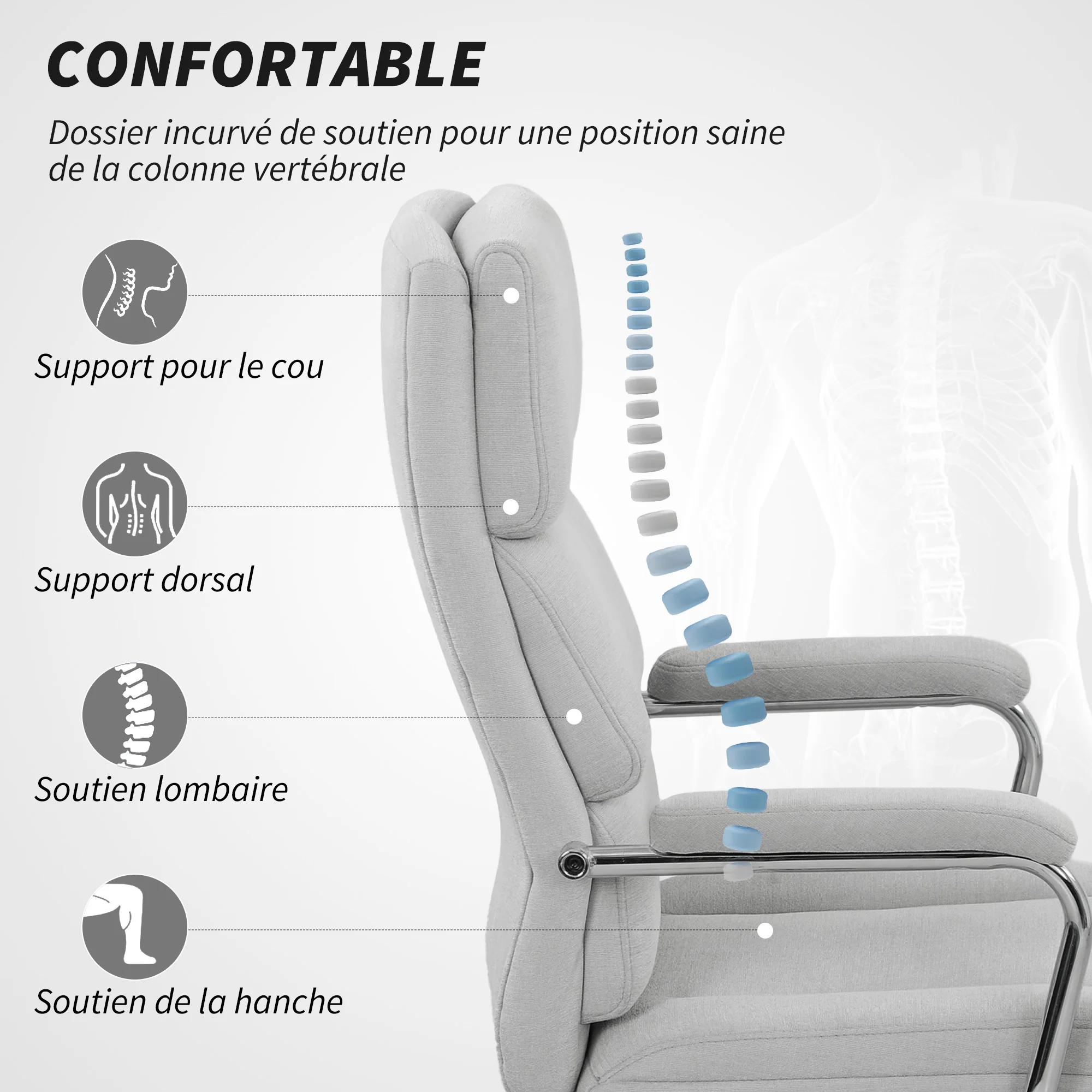 Fauteuil de bureau, chaise de bureau ergonomique avec hauteur réglable, fonction de bascule, tissu en lin, chaise d'ordinateur pour chambre, télétravail, charge 120 Kg, gris clair - Image 5