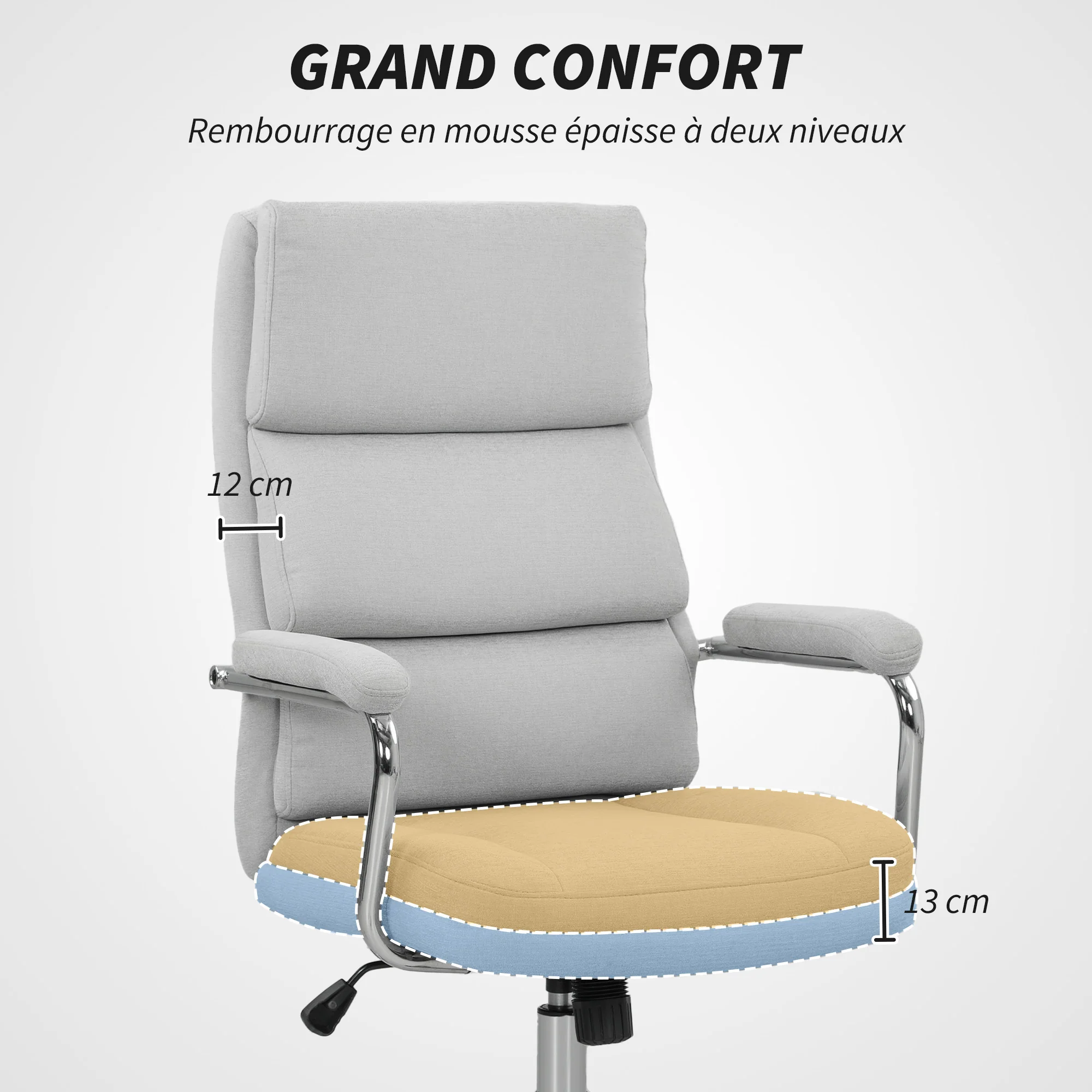 Fauteuil de bureau, chaise de bureau ergonomique avec hauteur réglable, fonction de bascule, tissu en lin, chaise d'ordinateur pour chambre, télétravail, charge 120 Kg, gris clair - Image 8