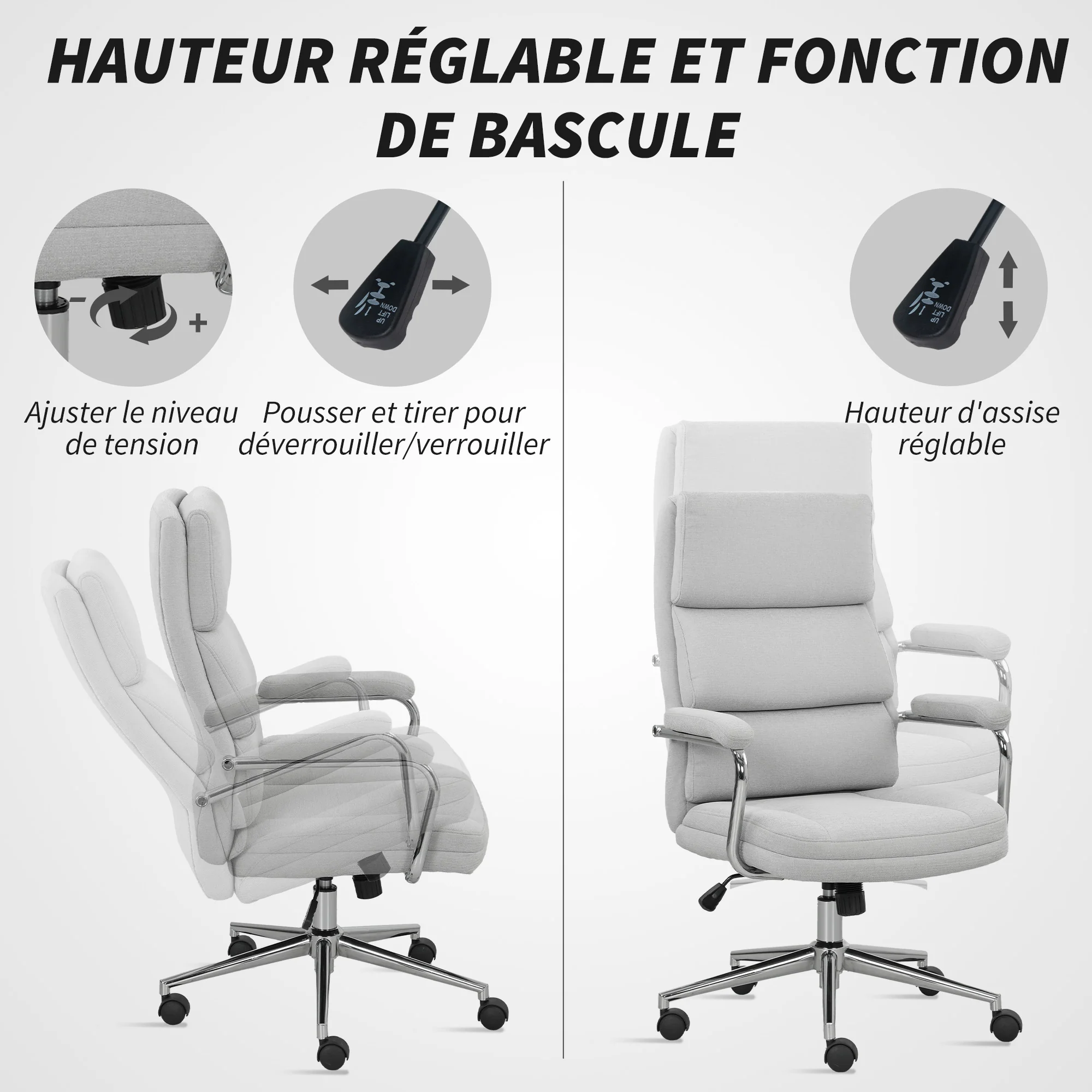 Fauteuil de bureau, chaise de bureau ergonomique avec hauteur réglable, fonction de bascule, tissu en lin, chaise d'ordinateur pour chambre, télétravail, charge 120 Kg, gris clair - Image 9