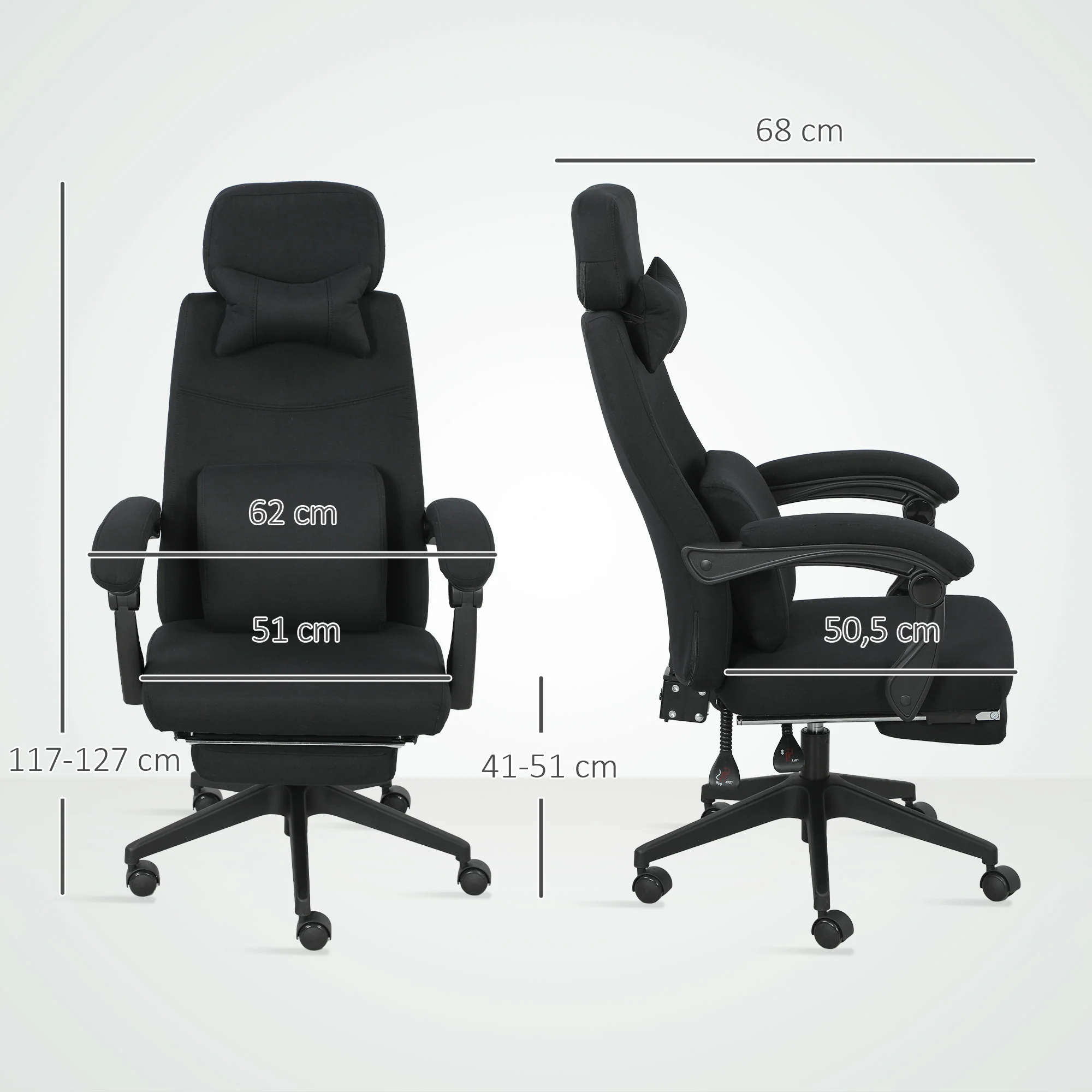 Fauteuil de bureau chaise de bureau grand confort dossier réglable repose-pied roulettes 360° lin 62 x 68 x 127 cm noir - Image 4