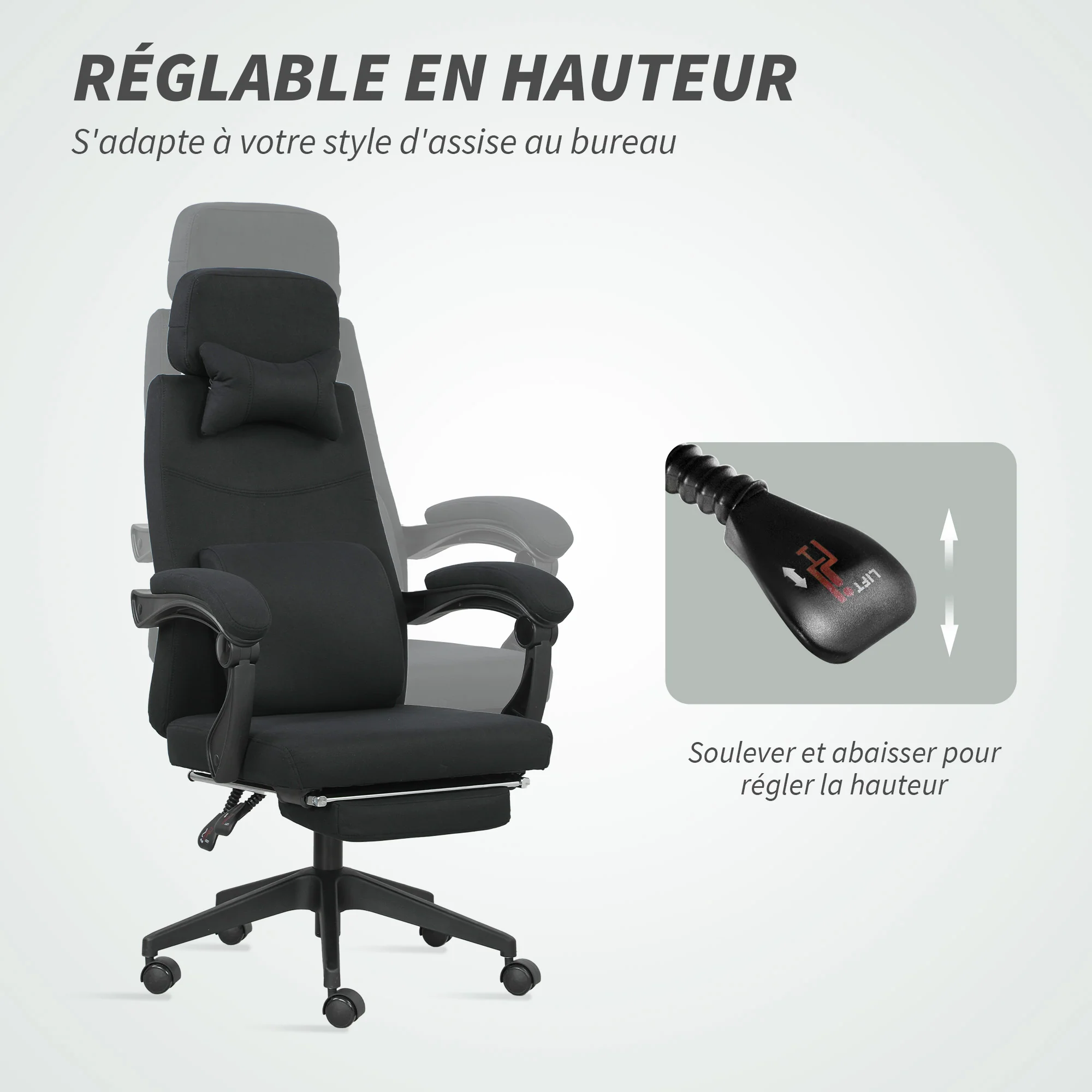Fauteuil de bureau chaise de bureau grand confort dossier réglable repose-pied roulettes 360° lin 62 x 68 x 127 cm noir - Image 5