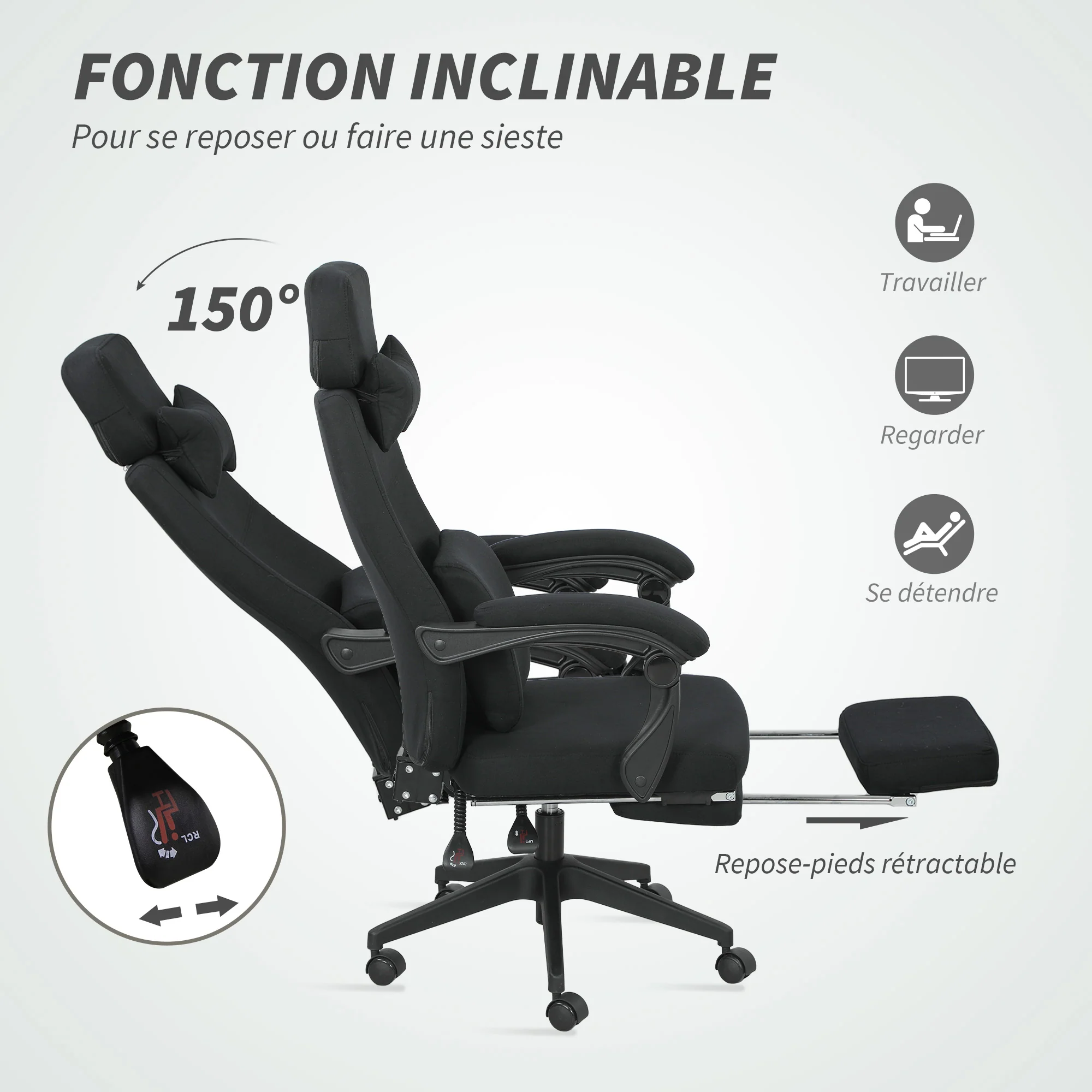 Fauteuil de bureau chaise de bureau grand confort dossier réglable repose-pied roulettes 360° lin 62 x 68 x 127 cm noir - Image 6