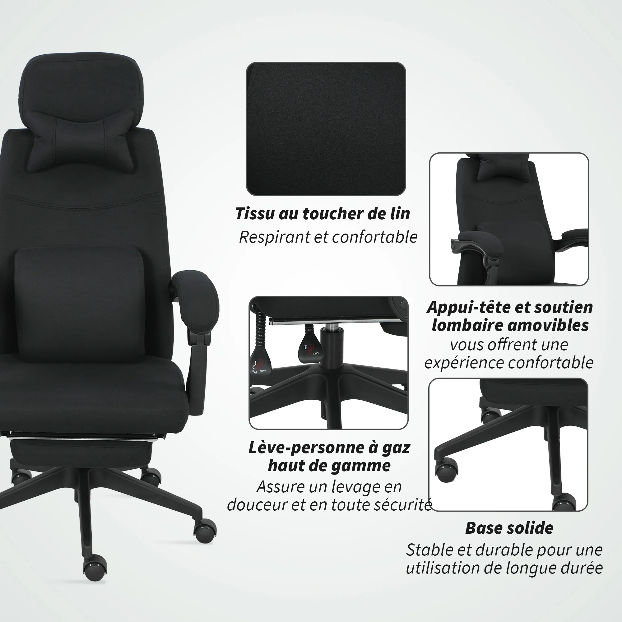 Fauteuil de bureau chaise de bureau grand confort dossier réglable repose-pied roulettes 360° lin 62 x 68 x 127 cm noir - Image 7