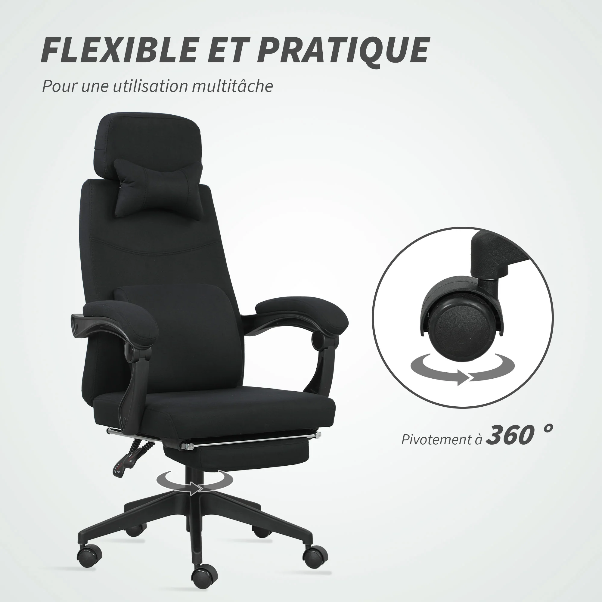 Fauteuil de bureau chaise de bureau grand confort dossier réglable repose-pied roulettes 360° lin 62 x 68 x 127 cm noir - Image 8