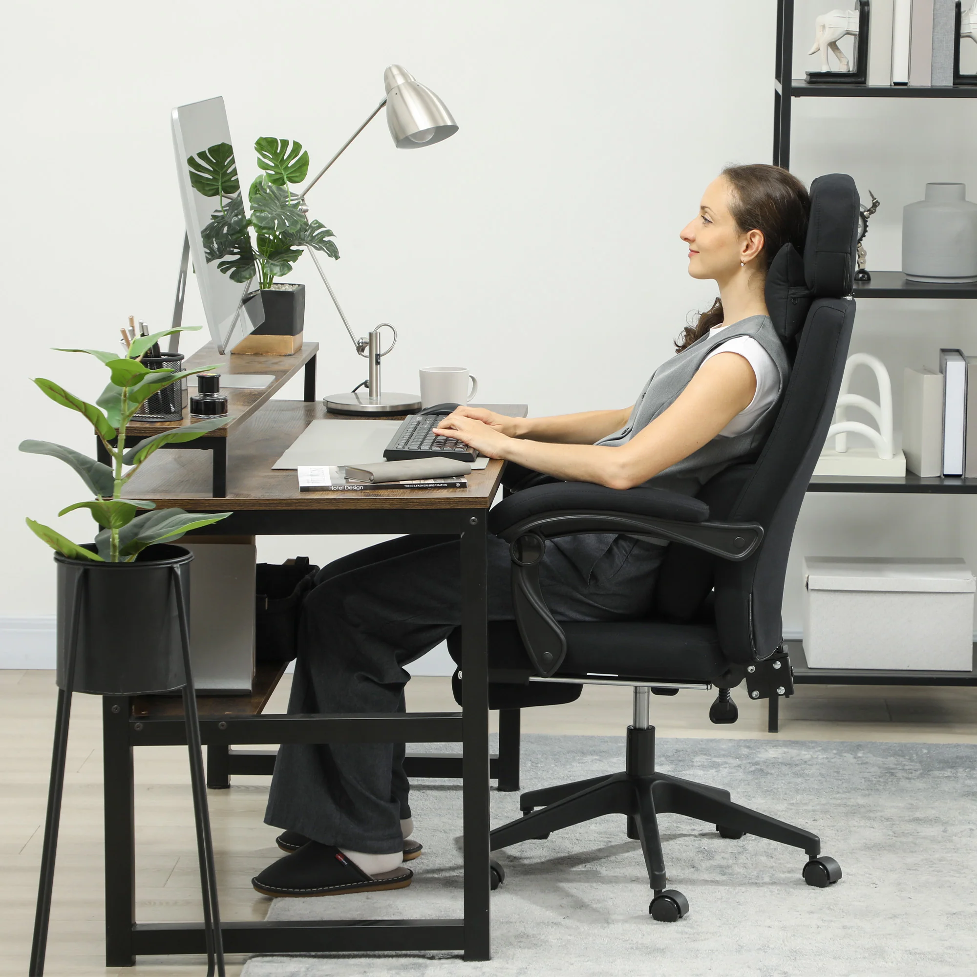 Fauteuil de bureau chaise de bureau grand confort dossier réglable repose-pied roulettes 360° lin 62 x 68 x 127 cm noir - Image 9