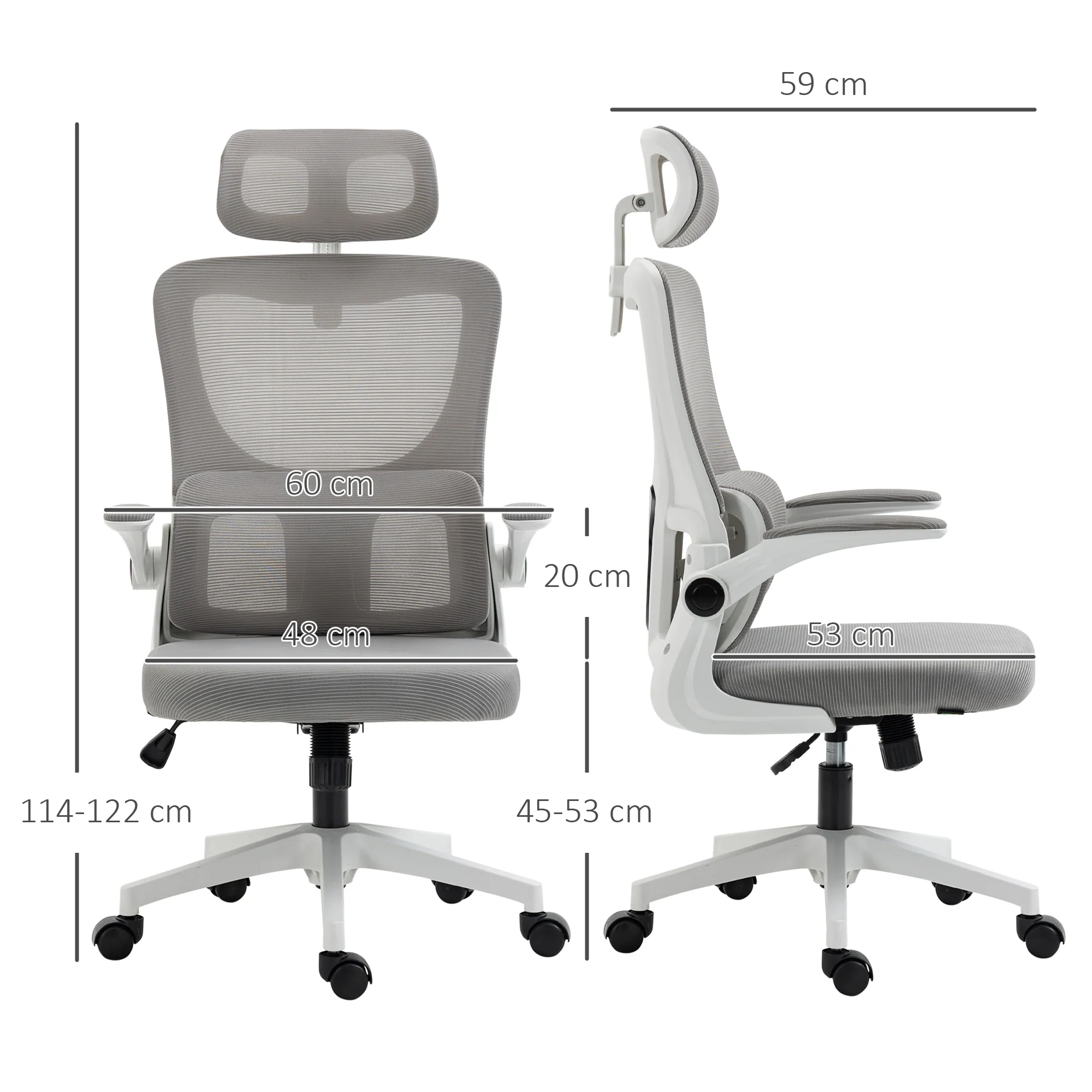 Fauteuil de bureau, chaise ergonomique, maille respirant, accoudoirs relevables, pivotant, appui-tête réglable et support lombaire, hauteur d'assise réglable, gris - Image 4