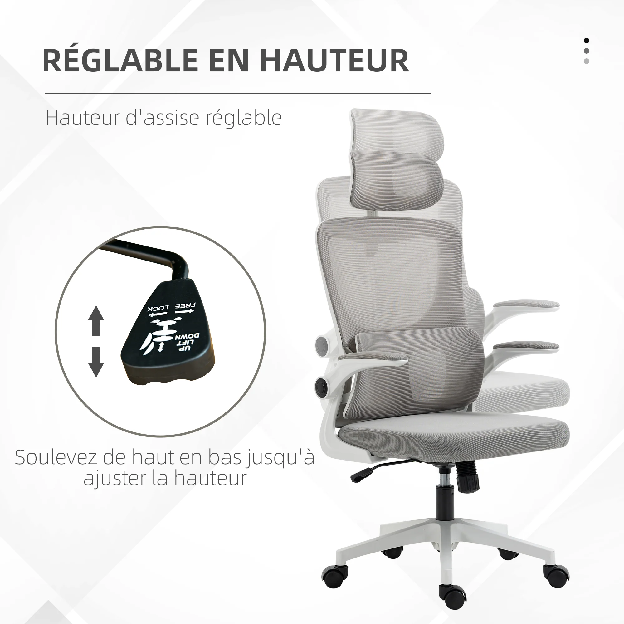 Fauteuil de bureau, chaise ergonomique, maille respirant, accoudoirs relevables, pivotant, appui-tête réglable et support lombaire, hauteur d'assise réglable, gris - Image 5