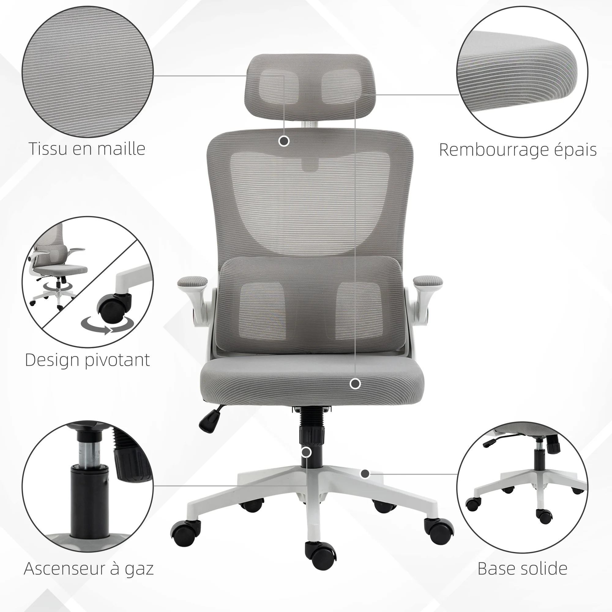 Fauteuil de bureau, chaise ergonomique, maille respirant, accoudoirs relevables, pivotant, appui-tête réglable et support lombaire, hauteur d'assise réglable, gris - Image 9