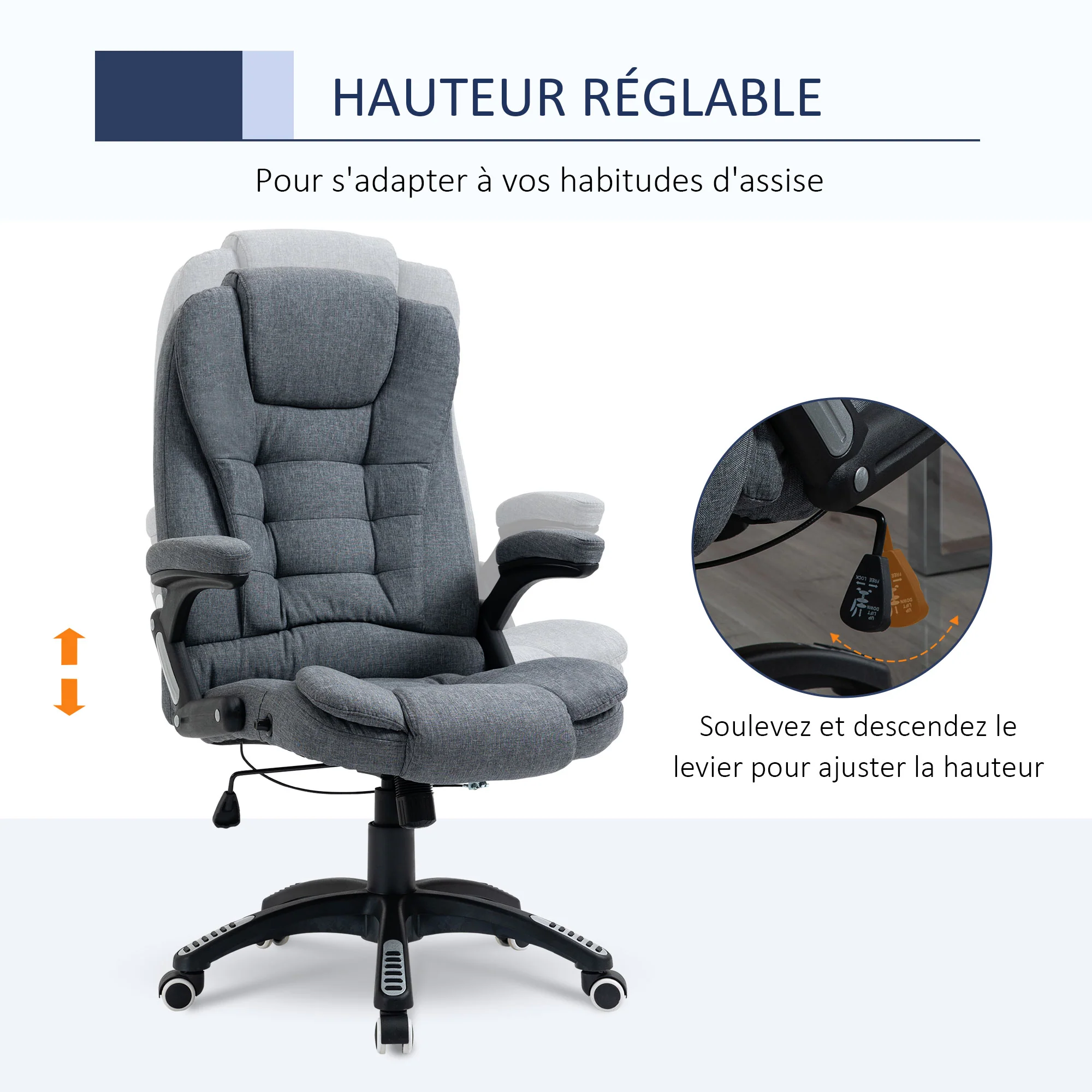 Fauteuil de bureau chaise pour ordinateur ergonomique dossier inclinable assise pivotant hauteur réglable accoudoir rembourré gris - Image 5
