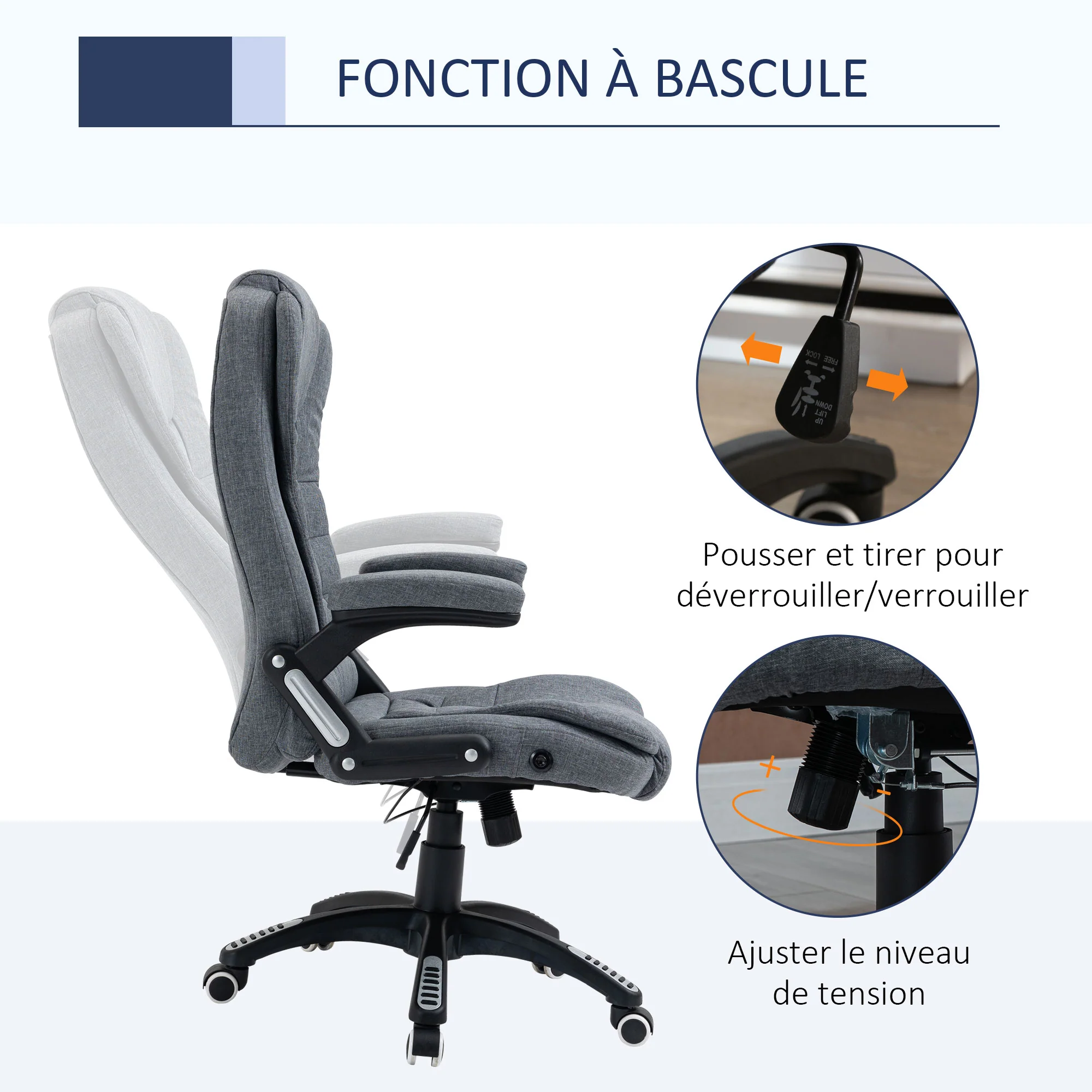 Fauteuil de bureau chaise pour ordinateur ergonomique dossier inclinable assise pivotant hauteur réglable accoudoir rembourré gris - Image 6