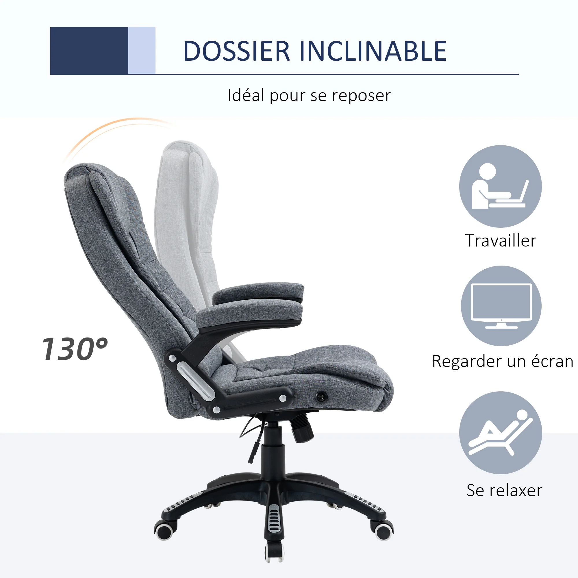 Fauteuil de bureau chaise pour ordinateur ergonomique dossier inclinable assise pivotant hauteur réglable accoudoir rembourré gris - Image 7
