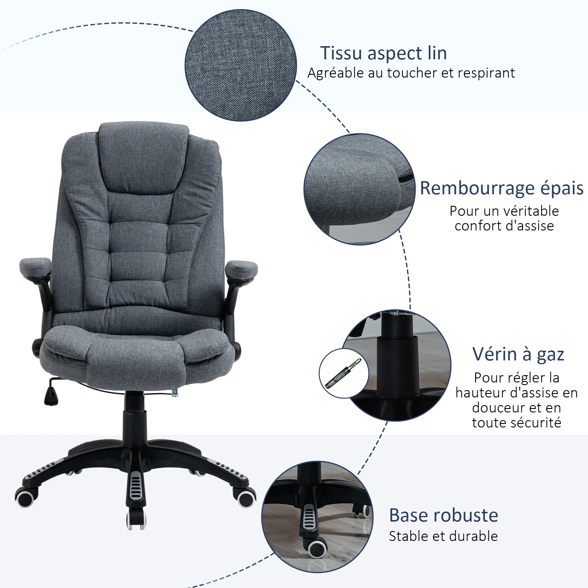 Fauteuil de bureau chaise pour ordinateur ergonomique dossier inclinable assise pivotant hauteur réglable accoudoir rembourré gris - Image 8