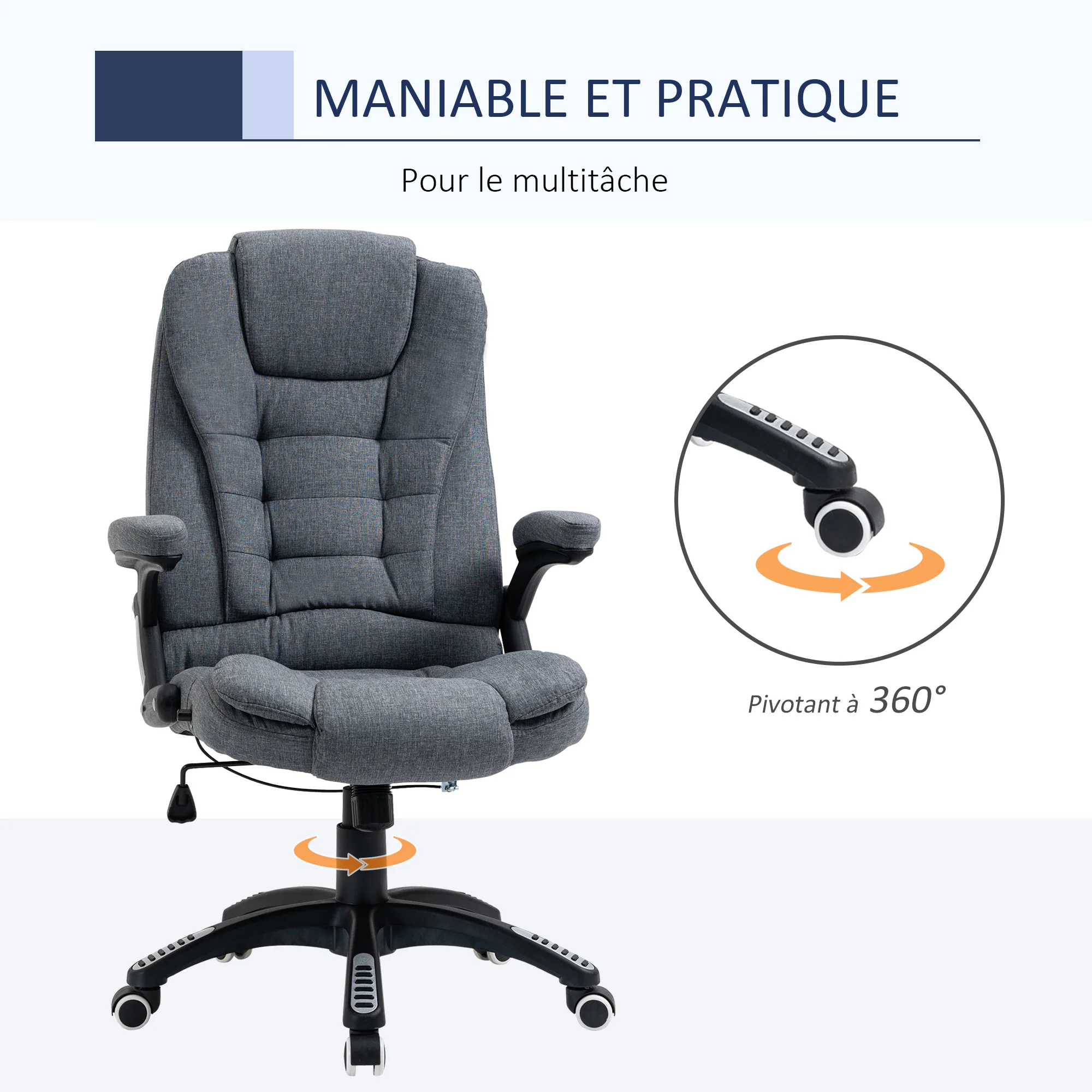 Fauteuil de bureau chaise pour ordinateur ergonomique dossier inclinable assise pivotant hauteur réglable accoudoir rembourré gris - Image 9