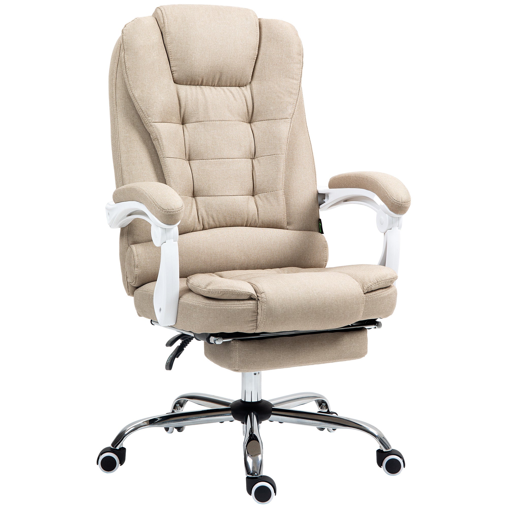 Fauteuil de bureau ergonomique, chaise de bureau avec repose-pied, dossier inclinable, accoudoirs rembourrés, en tissu aspect lin beige - Image 2