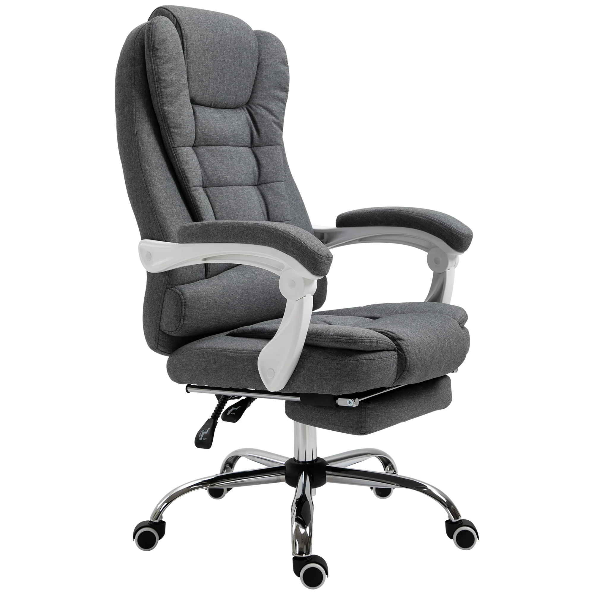 Fauteuil de bureau ergonomique, chaise de bureau avec repose-pied, dossier inclinable, accoudoirs rembourrés, en tissu aspect lin gris