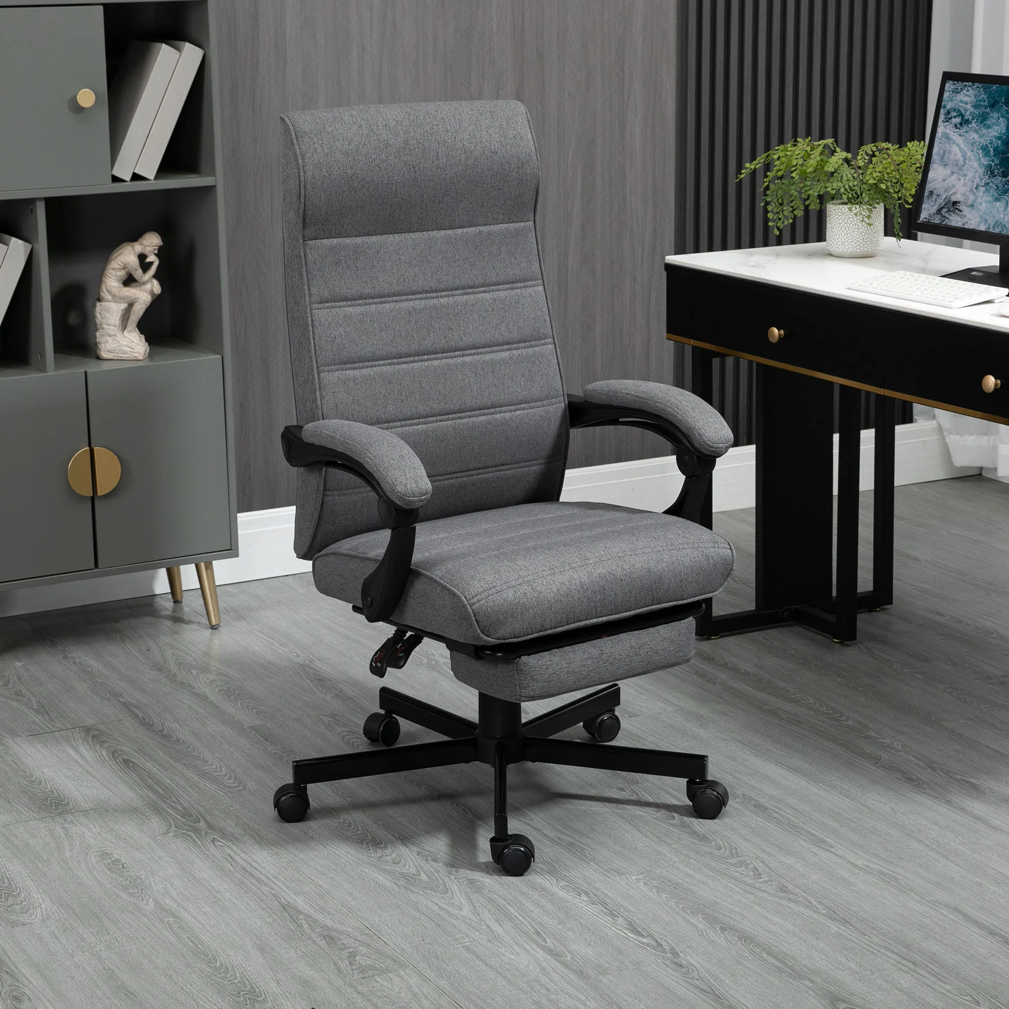 Fauteuil de bureau ergonomique, chaise de bureau, pivotant, inclinable, en tissu aspect lin avec accoudoirs, hauteur réglable et repose-pied rétractable, gris - Image 3