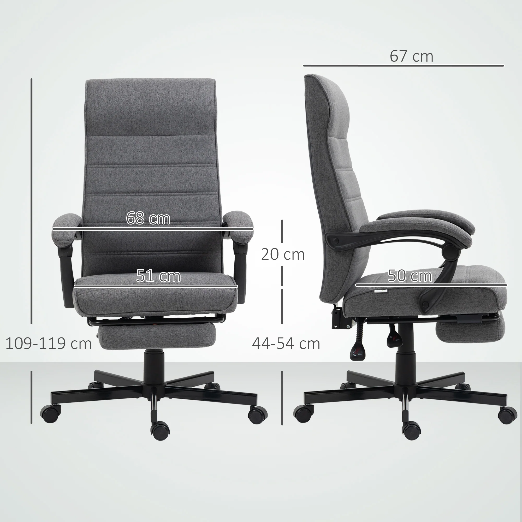Fauteuil de bureau ergonomique, chaise de bureau, pivotant, inclinable, en tissu aspect lin avec accoudoirs, hauteur réglable et repose-pied rétractable, gris - Image 4