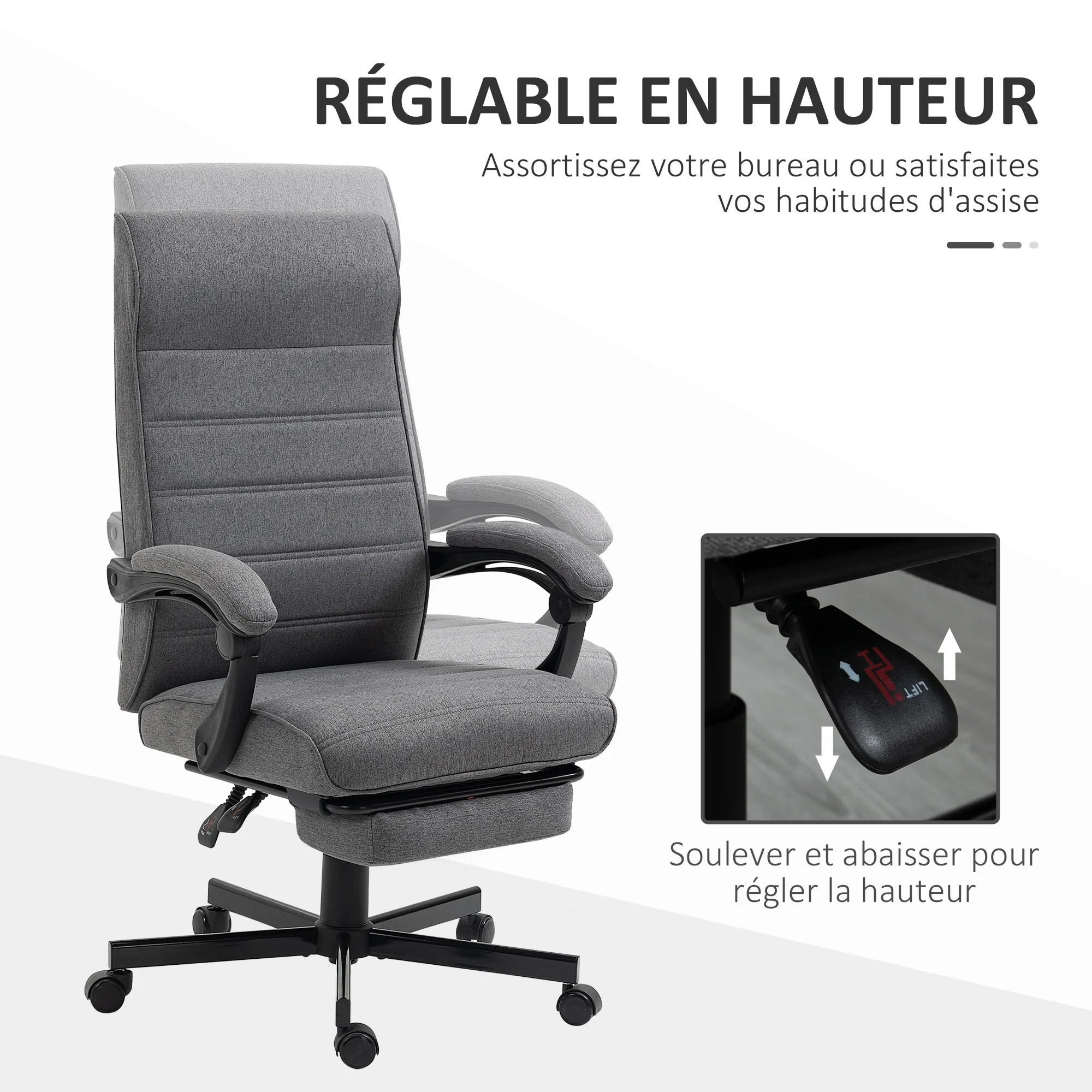 Fauteuil de bureau ergonomique, chaise de bureau, pivotant, inclinable, en tissu aspect lin avec accoudoirs, hauteur réglable et repose-pied rétractable, gris - Image 5
