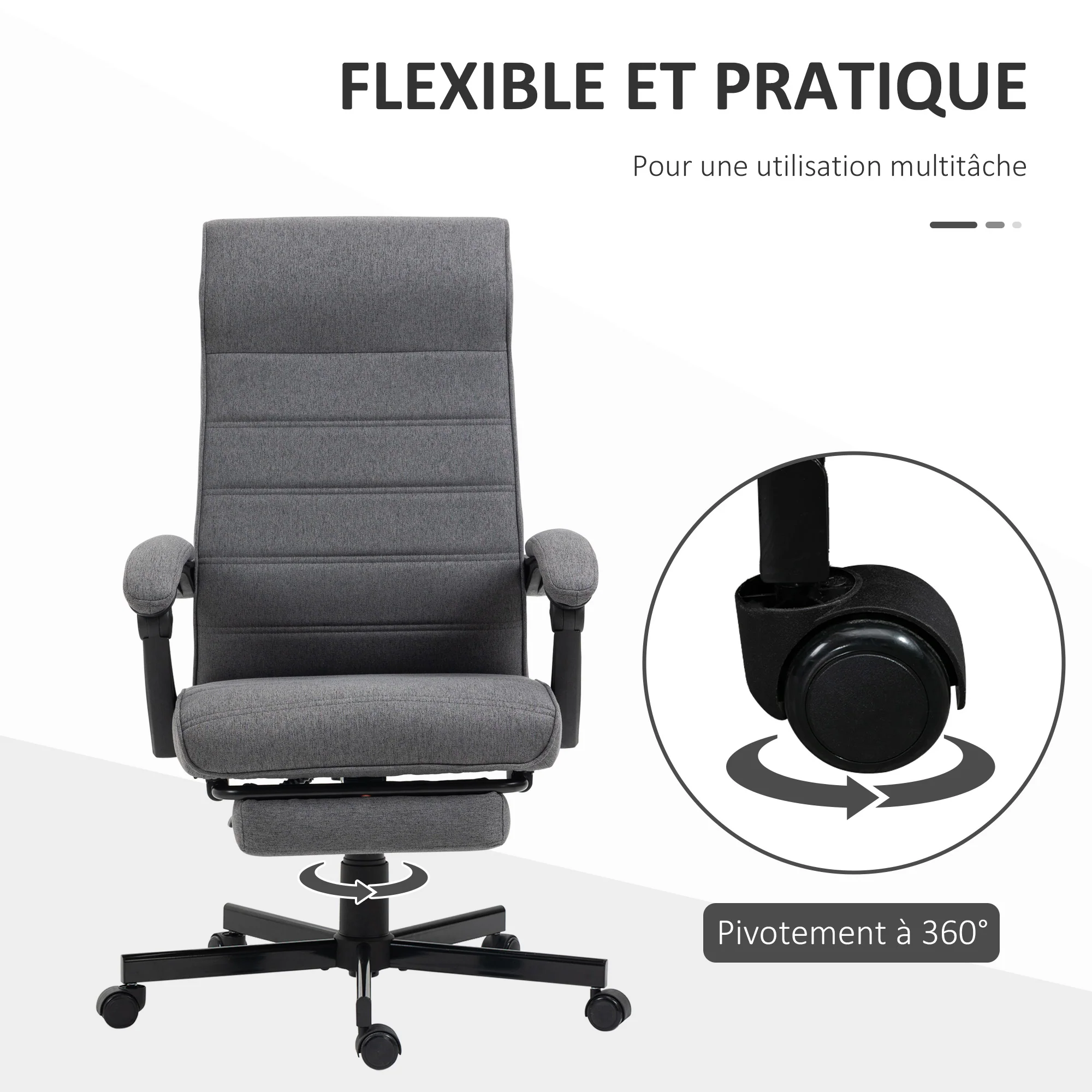 Fauteuil de bureau ergonomique, chaise de bureau, pivotant, inclinable, en tissu aspect lin avec accoudoirs, hauteur réglable et repose-pied rétractable, gris - Image 7