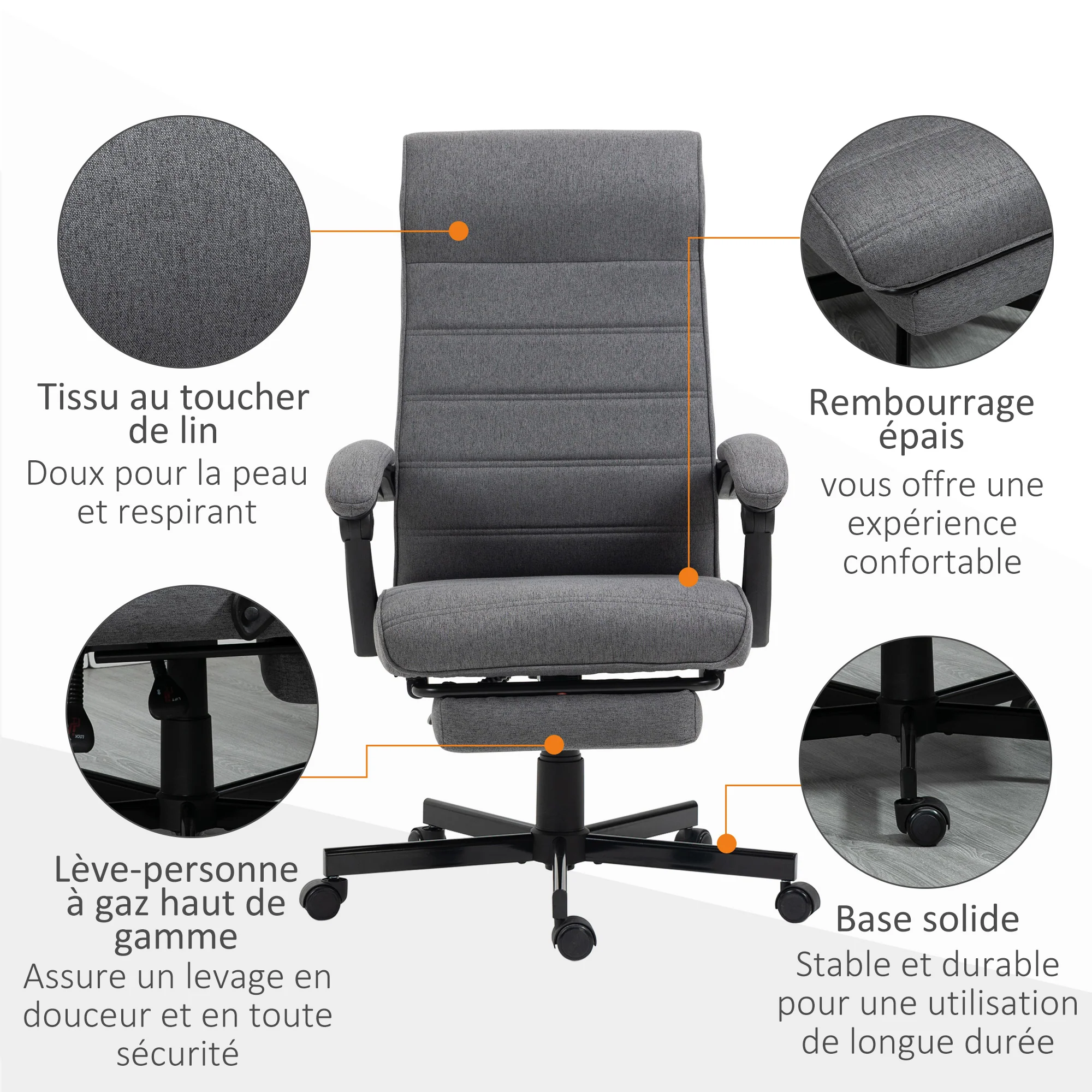 Fauteuil de bureau ergonomique, chaise de bureau, pivotant, inclinable, en tissu aspect lin avec accoudoirs, hauteur réglable et repose-pied rétractable, gris - Image 8