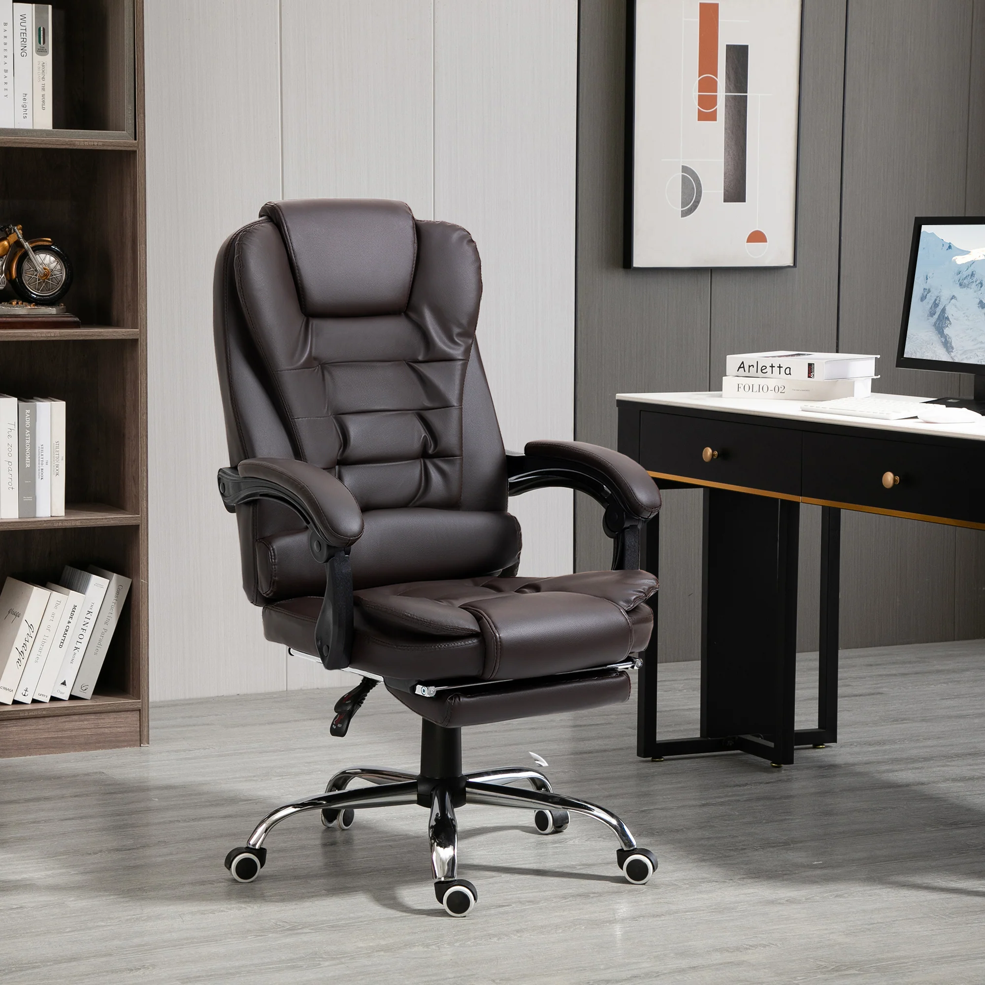 Fauteuil de bureau fauteuil manager grand confort dossier inclinable roulettes PU 64,5 x 69 x 117 cm Café - Image 3