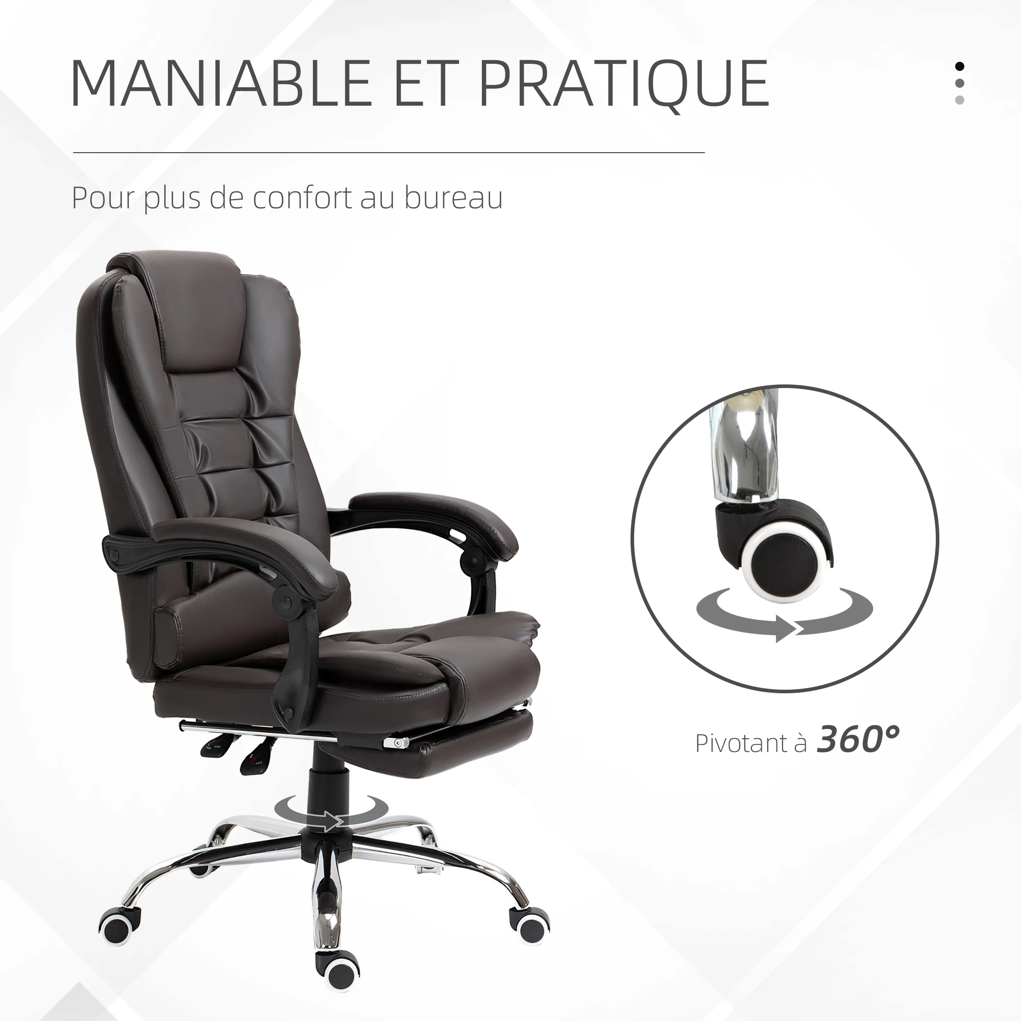 Fauteuil de bureau fauteuil manager grand confort dossier inclinable roulettes PU 64,5 x 69 x 117 cm Café - Image 7
