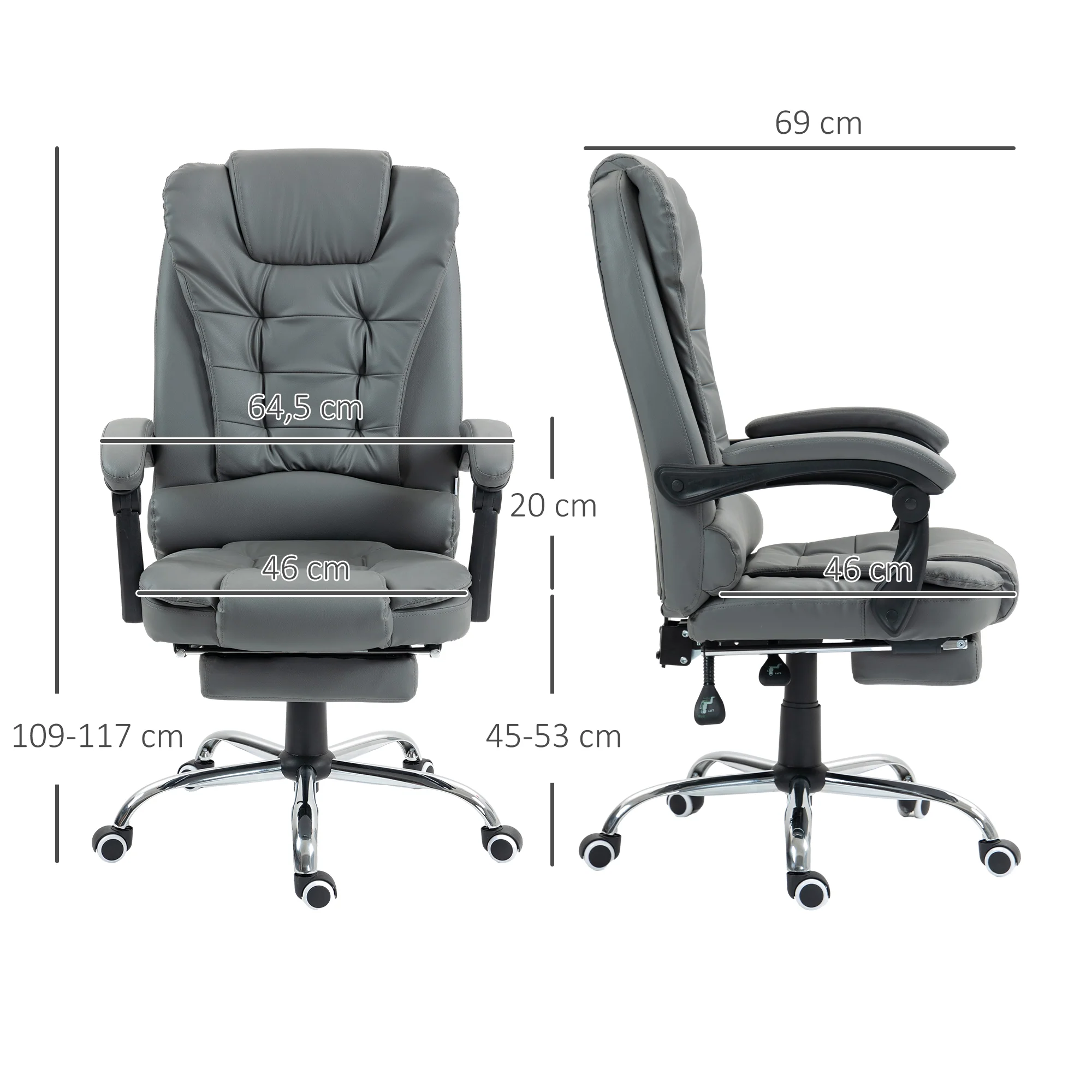 Fauteuil de bureau fauteuil manager grand confort dossier inclinable roulettes PU 64,5 x 69 x 117 cm gris - Image 4