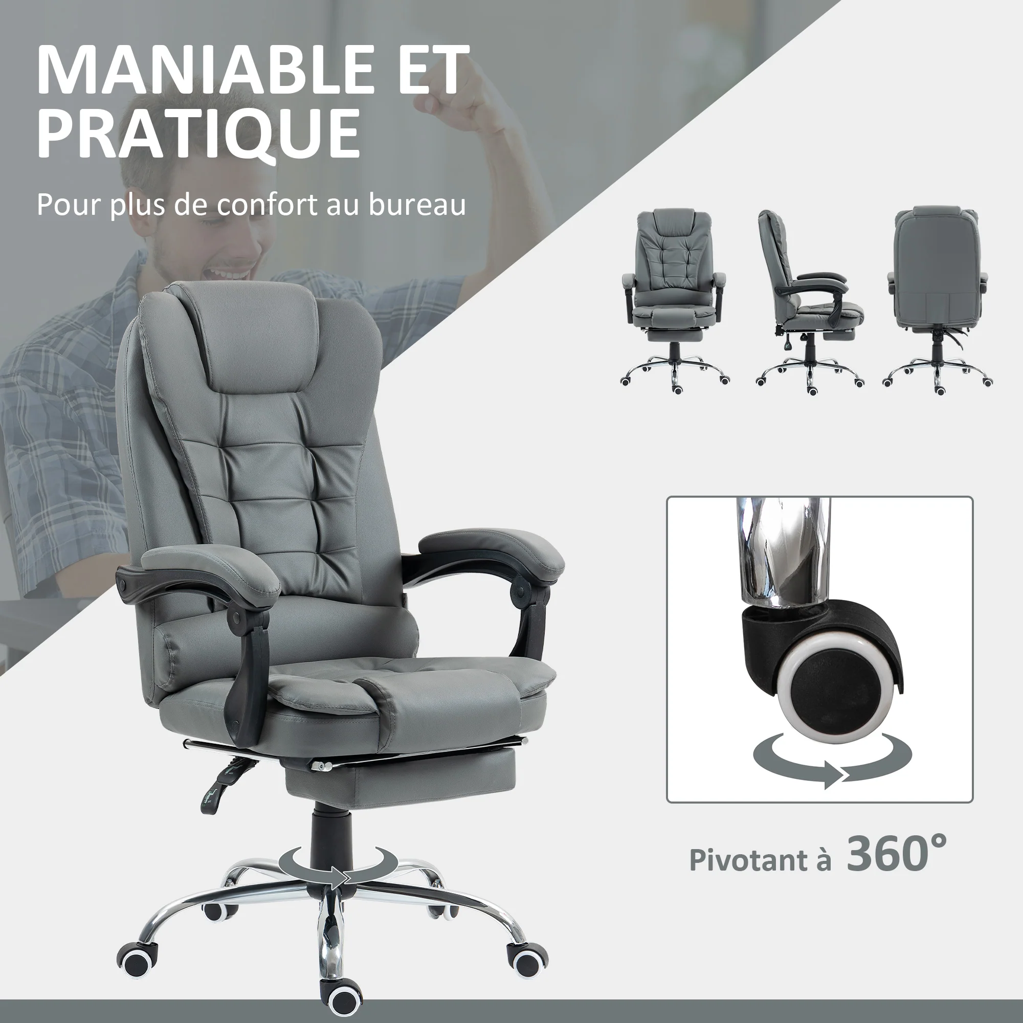 Fauteuil de bureau fauteuil manager grand confort dossier inclinable roulettes PU 64,5 x 69 x 117 cm gris - Image 7