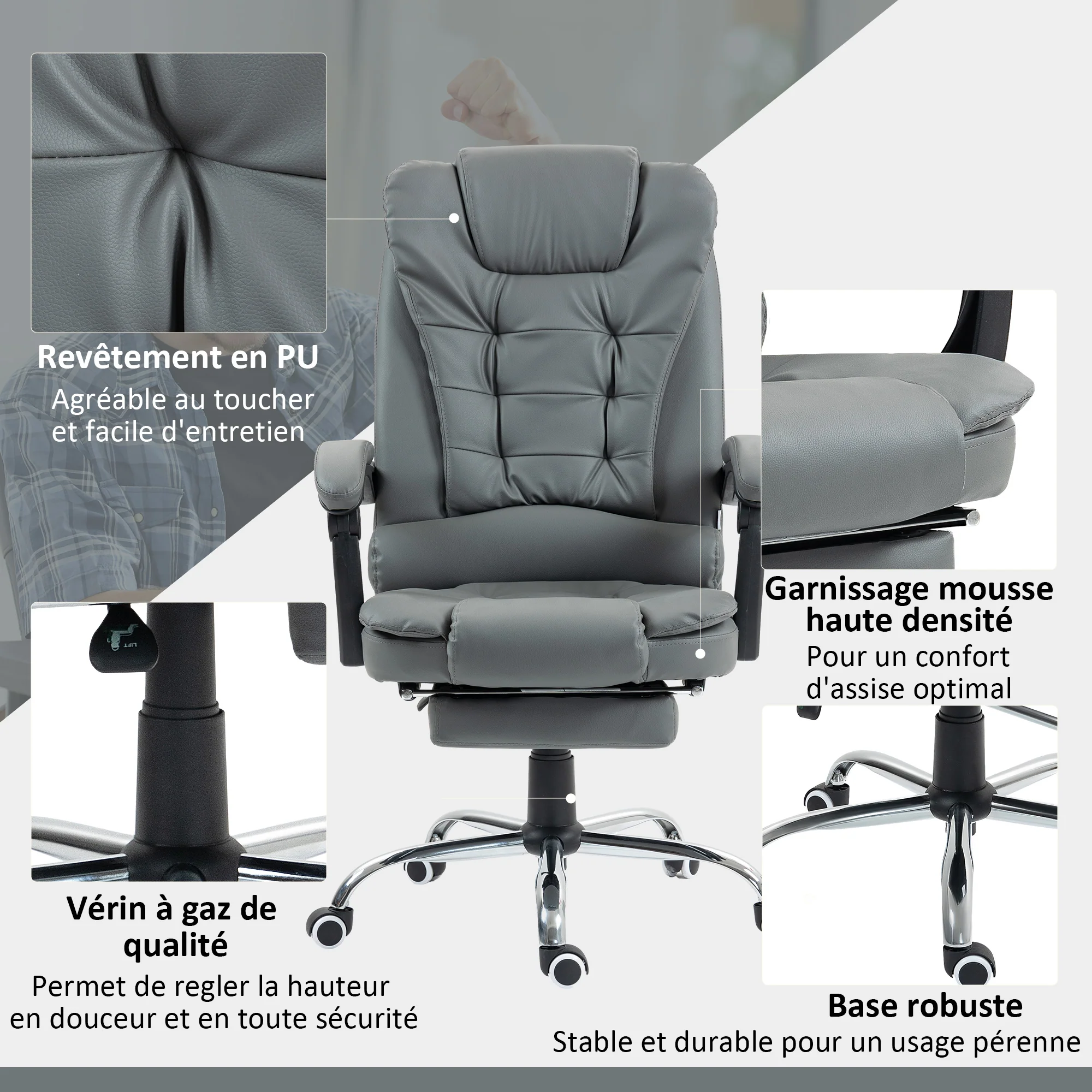 Fauteuil de bureau fauteuil manager grand confort dossier inclinable roulettes PU 64,5 x 69 x 117 cm gris - Image 8