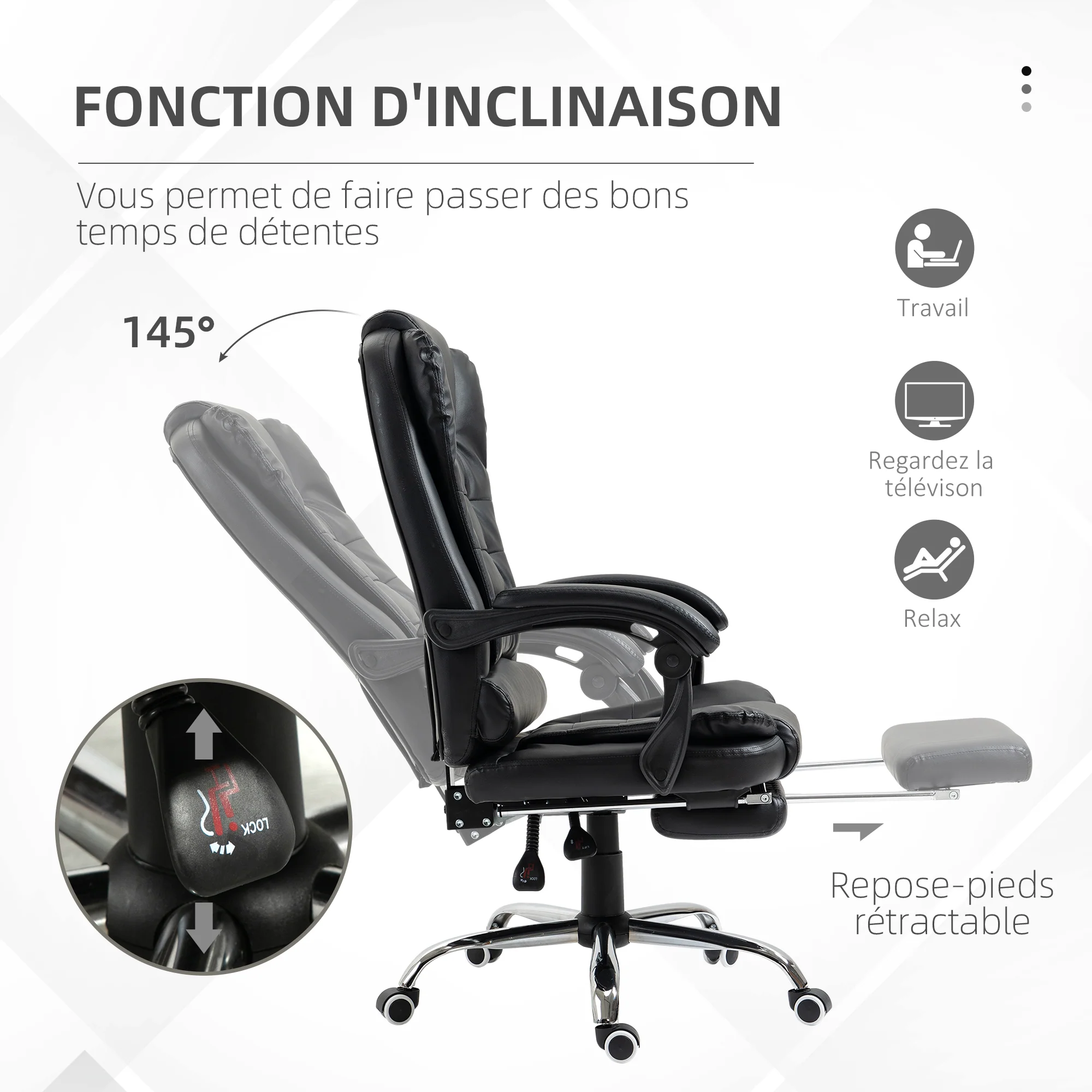Fauteuil de bureau fauteuil manager grand confort dossier inclinable roulettes PU 64,5 x 69 x 117 cm noir - Image 6