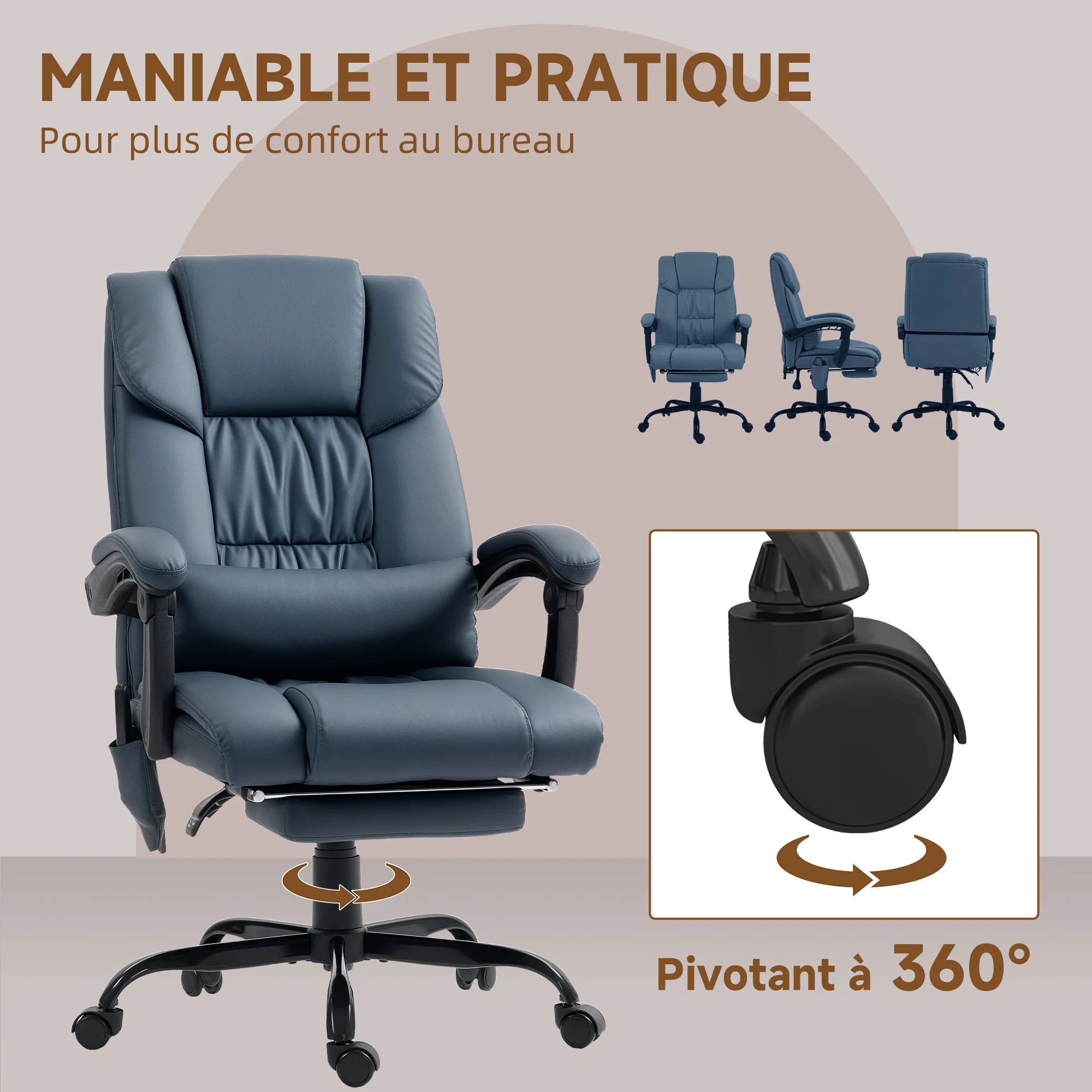 Fauteuil de bureau massant avec repose-pieds, chaise de bureau, chaise ergonomique, hauteur réglable, dossier inclinable et télécommande filaire, tissu en revêtement synthétique, bleu - Image 10