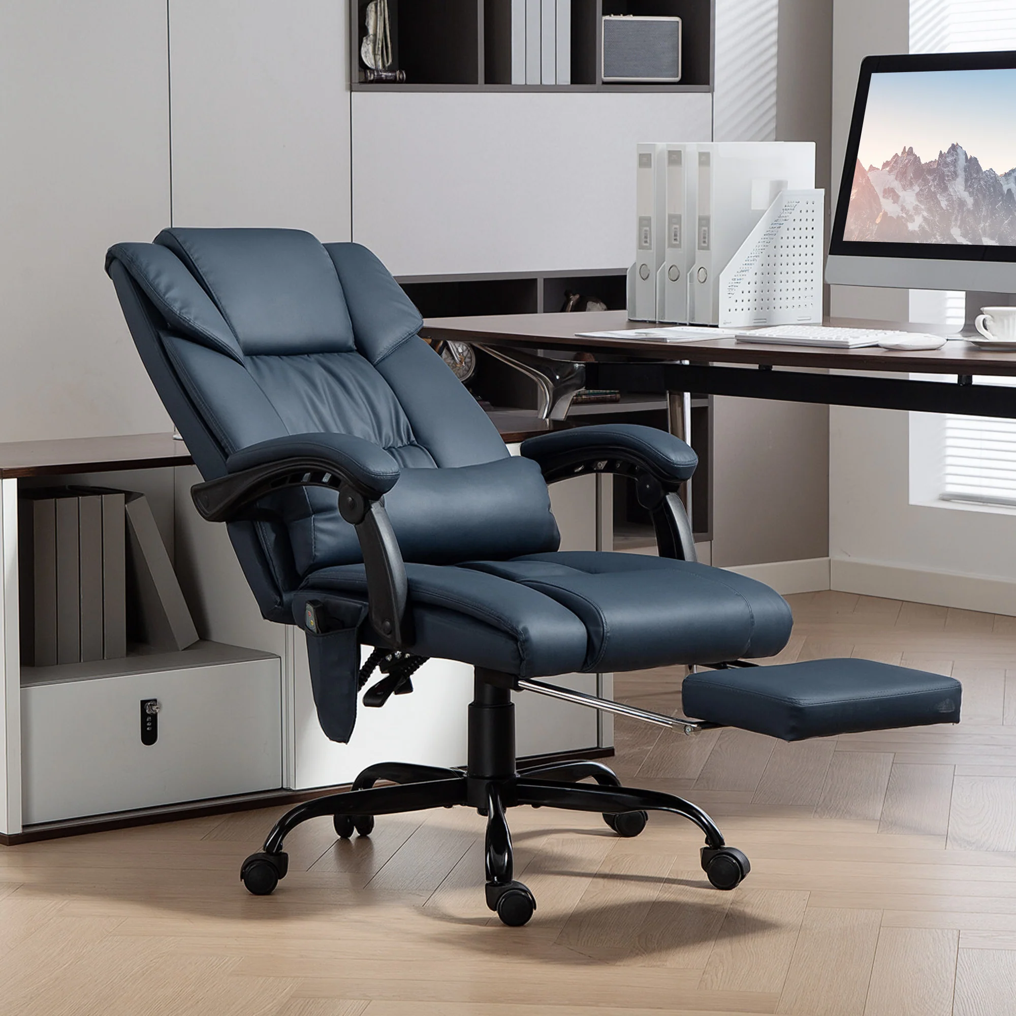 Fauteuil de bureau massant avec repose-pieds, chaise de bureau, chaise ergonomique, hauteur réglable, dossier inclinable et télécommande filaire, tissu en revêtement synthétique, bleu - Image 3