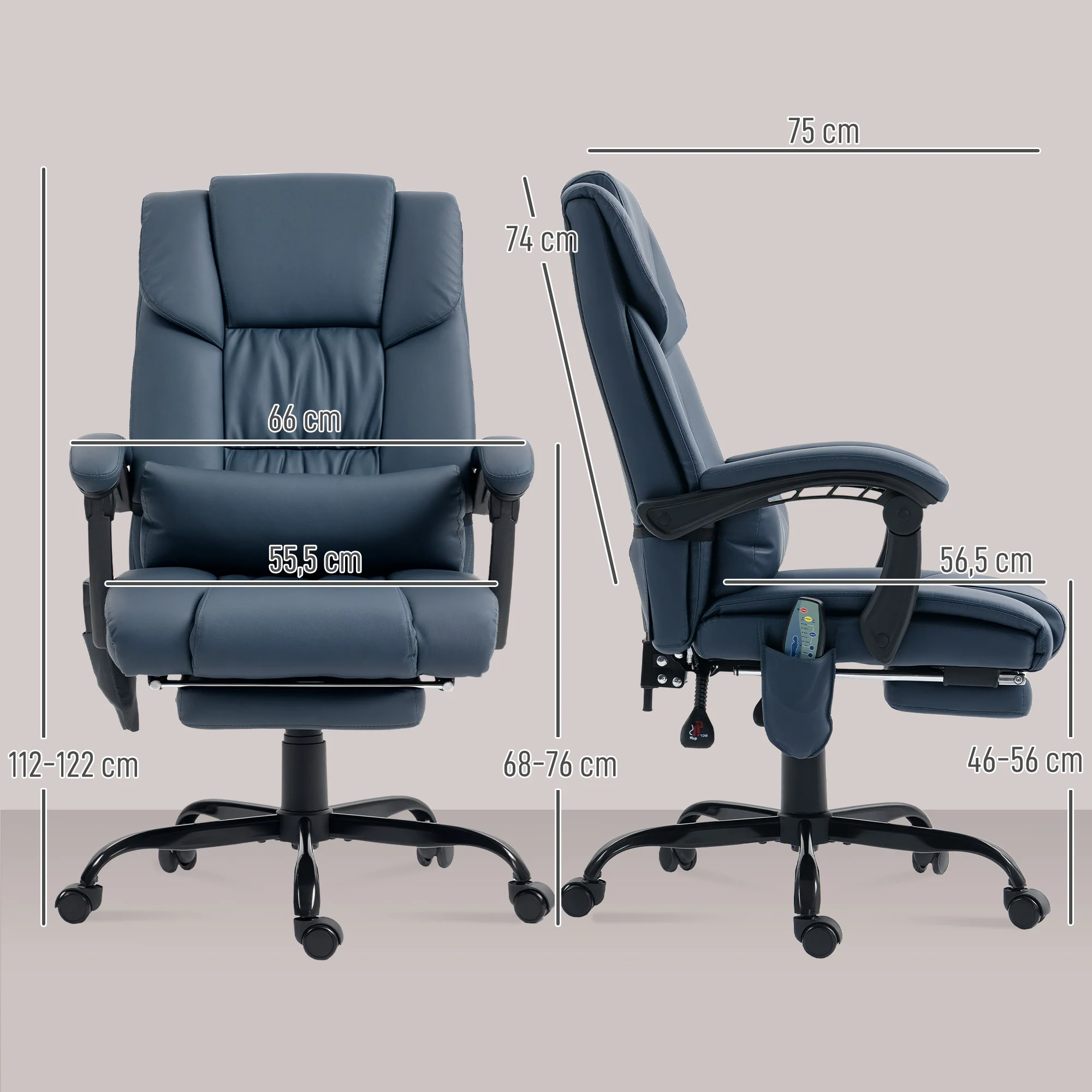 Fauteuil de bureau massant avec repose-pieds, chaise de bureau, chaise ergonomique, hauteur réglable, dossier inclinable et télécommande filaire, tissu en revêtement synthétique, bleu - Image 4