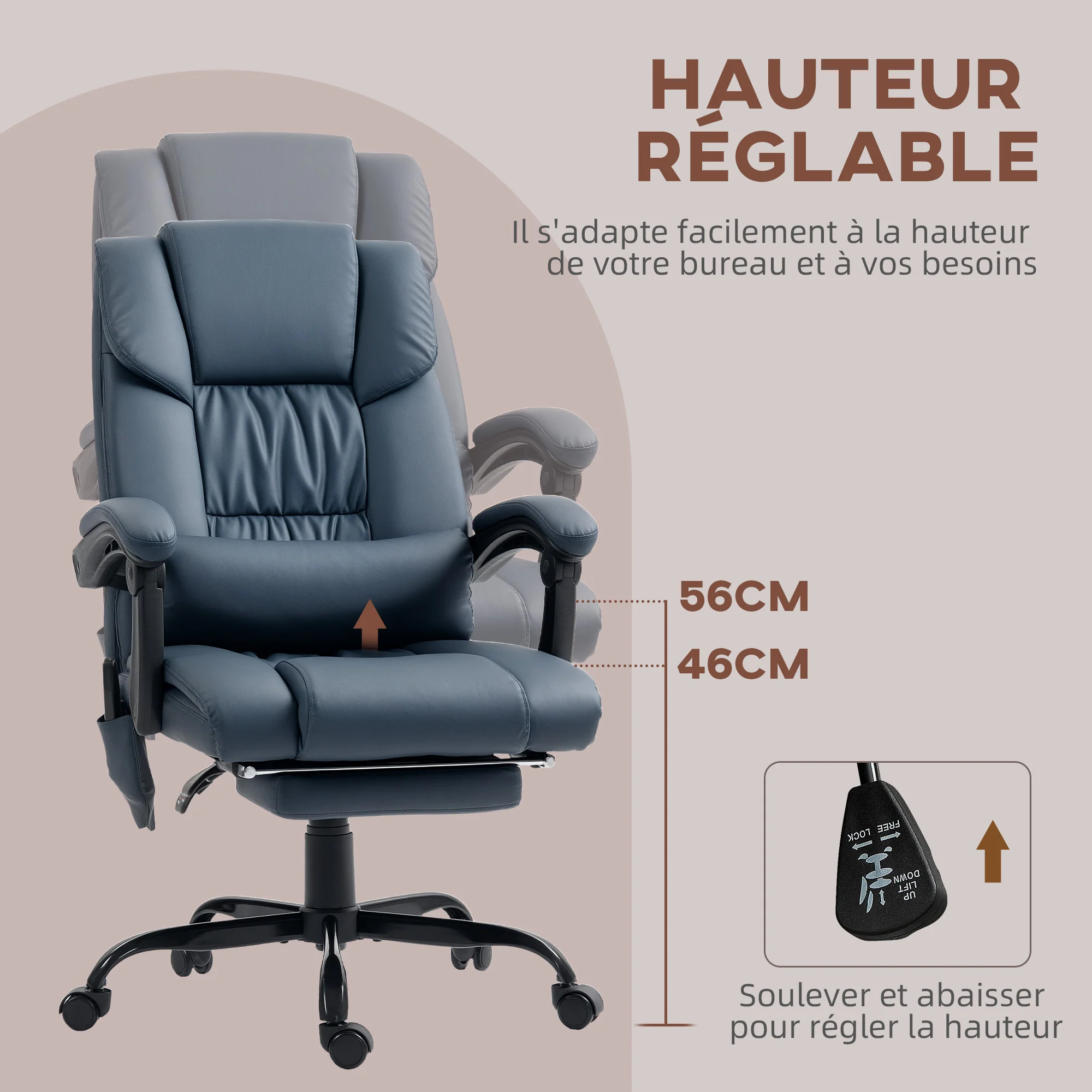 Fauteuil de bureau massant avec repose-pieds, chaise de bureau, chaise ergonomique, hauteur réglable, dossier inclinable et télécommande filaire, tissu en revêtement synthétique, bleu - Image 5